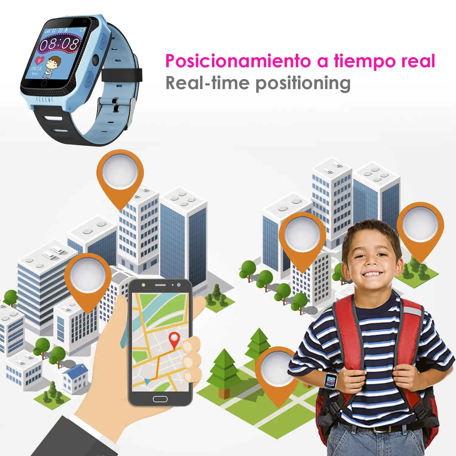 Smartwatch GPS especial para niños, con cámara, función de rastreo, llamadas SOS y recepción de llamada.