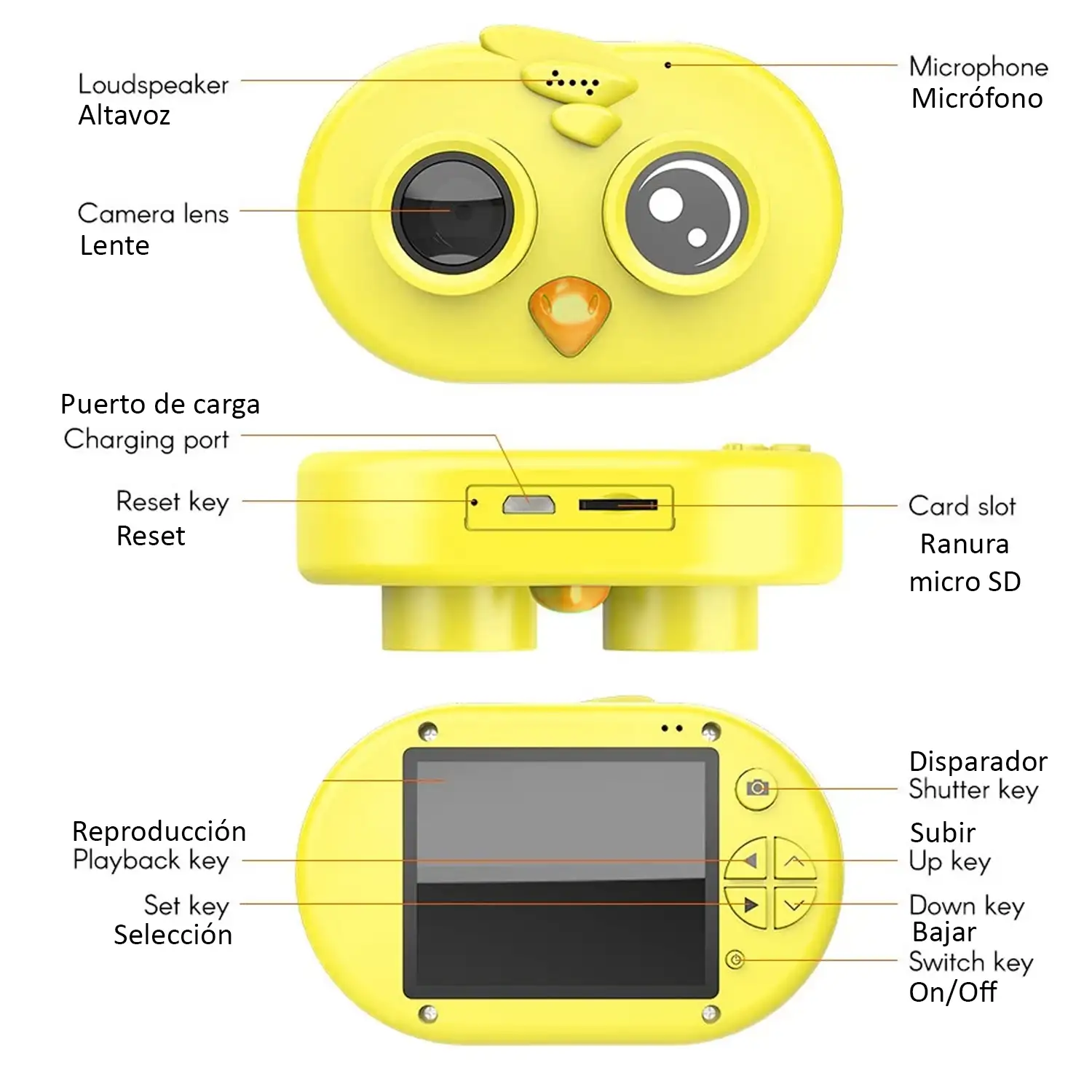 Cámara de fotos y videos para niños diseño pajarito. Full HD1080 y 12 megapíxeles