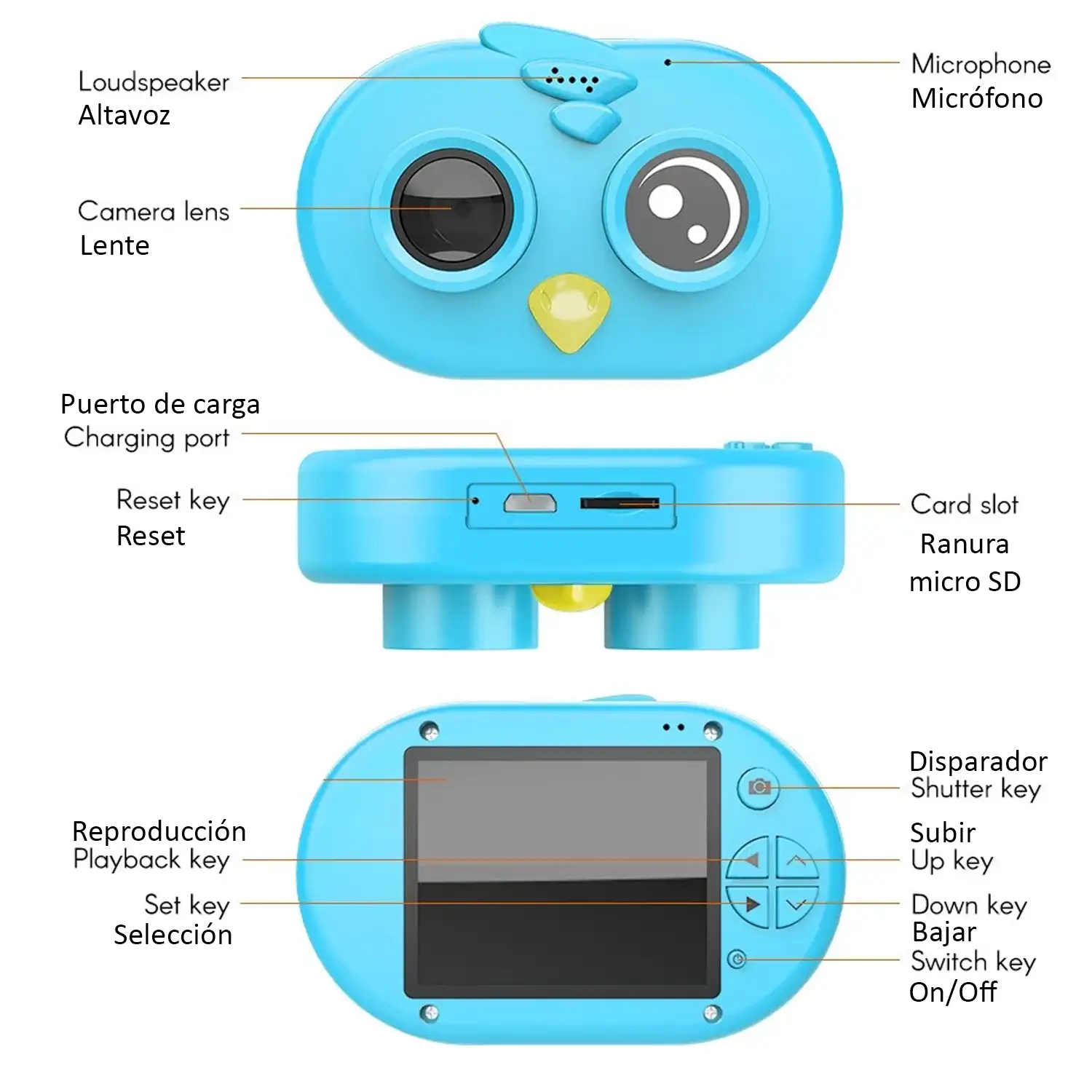 Cámara de fotos y videos para niños diseño pajarito. Full HD1080 y 12 megapíxeles