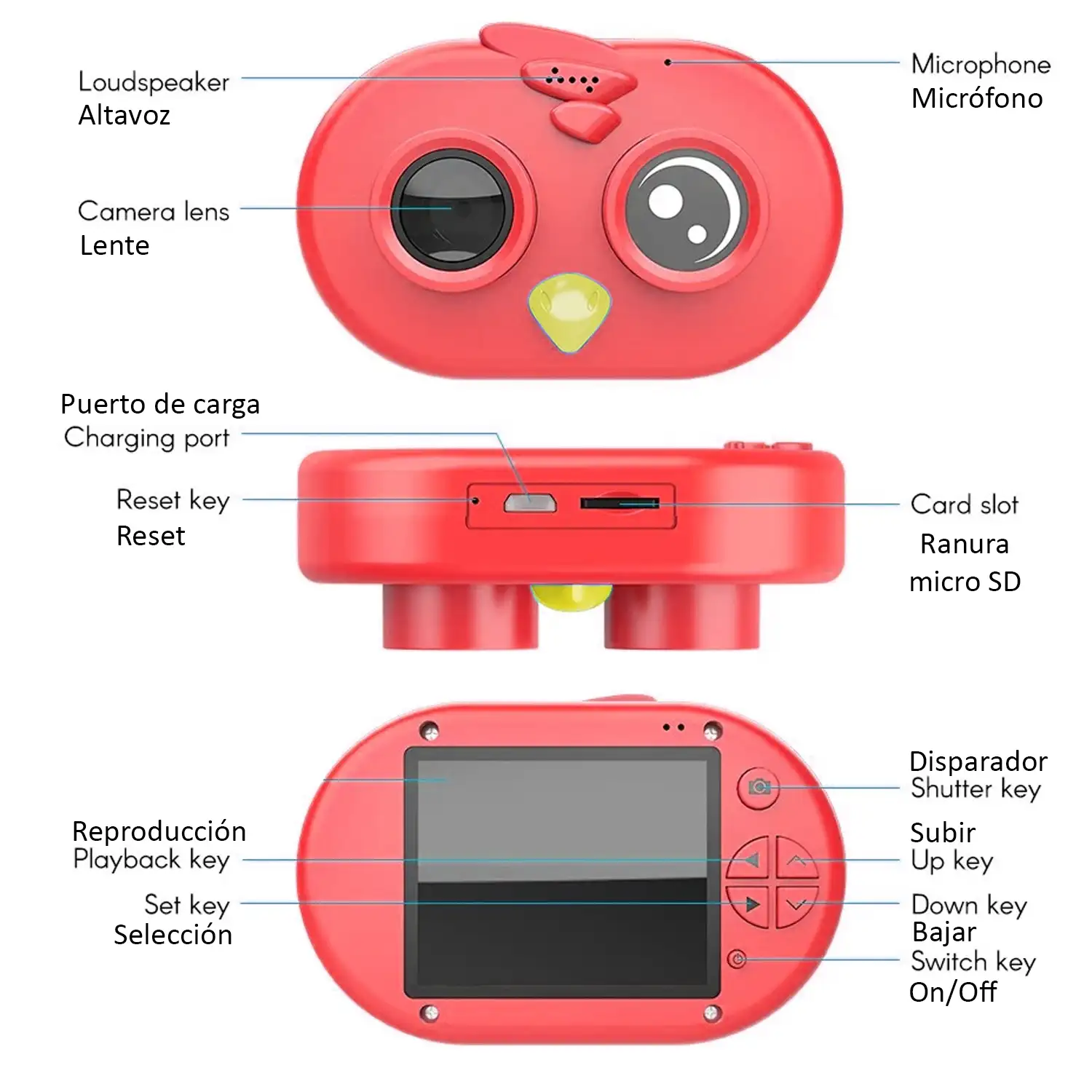 Cámara de fotos y videos para niños diseño pajarito. Full HD1080 y 12 megapíxeles