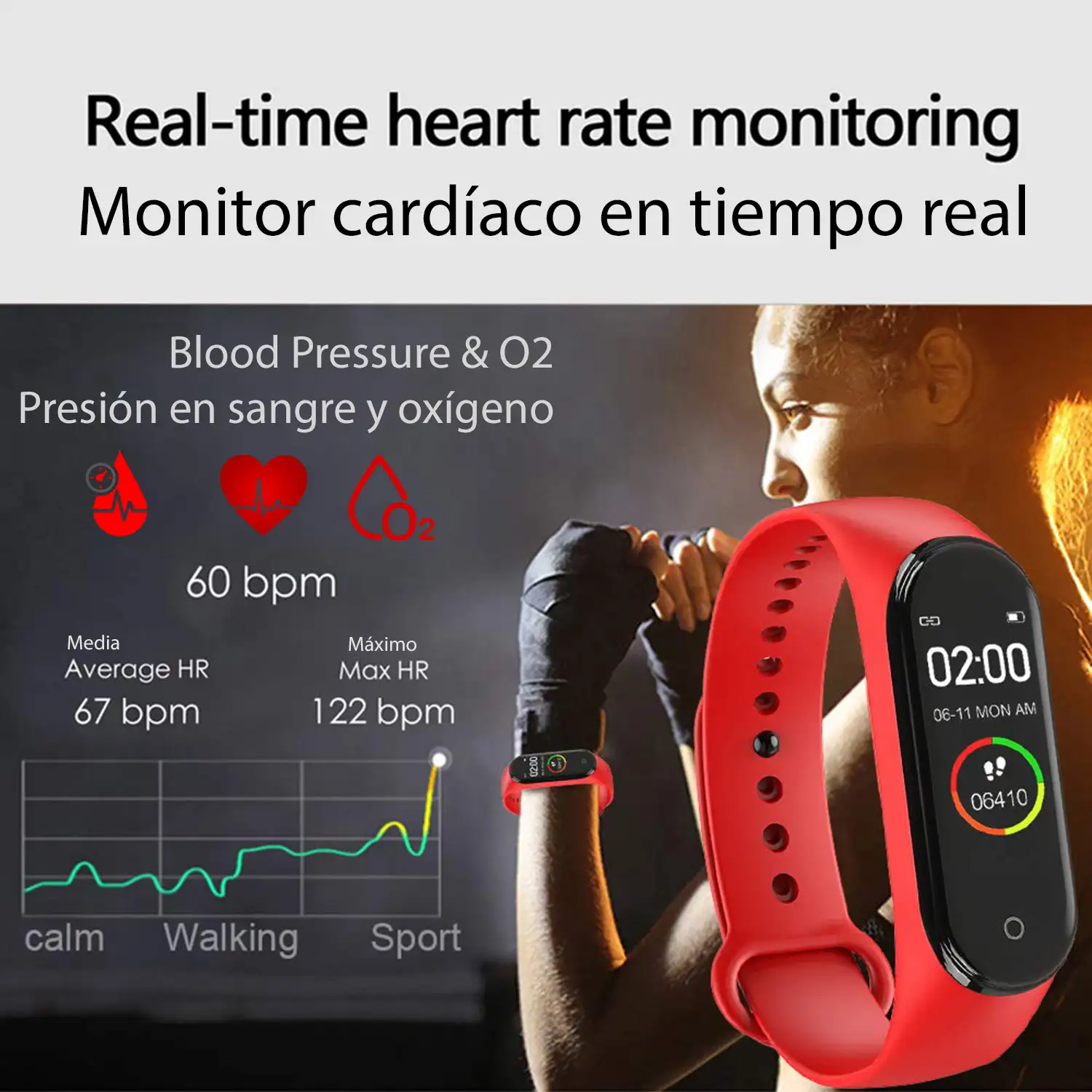 Brazalete inteligente Bluetooth AK-M4 con monitor cardiaco, monitor de presion arterial y modo multideporte