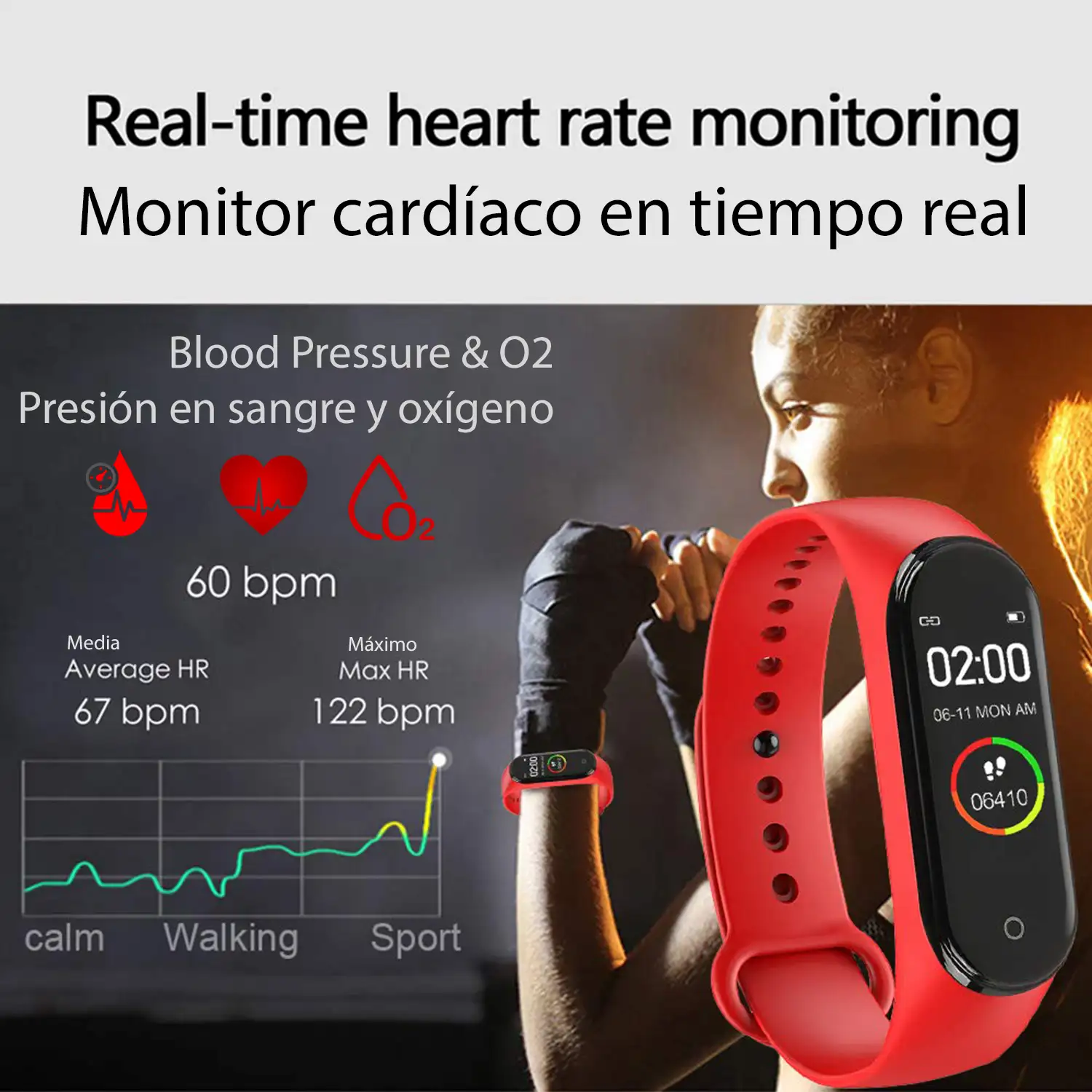 Brazalete inteligente Bluetooth AK-M4 con monitor cardiaco, monitor de presion arterial y modo multideporte