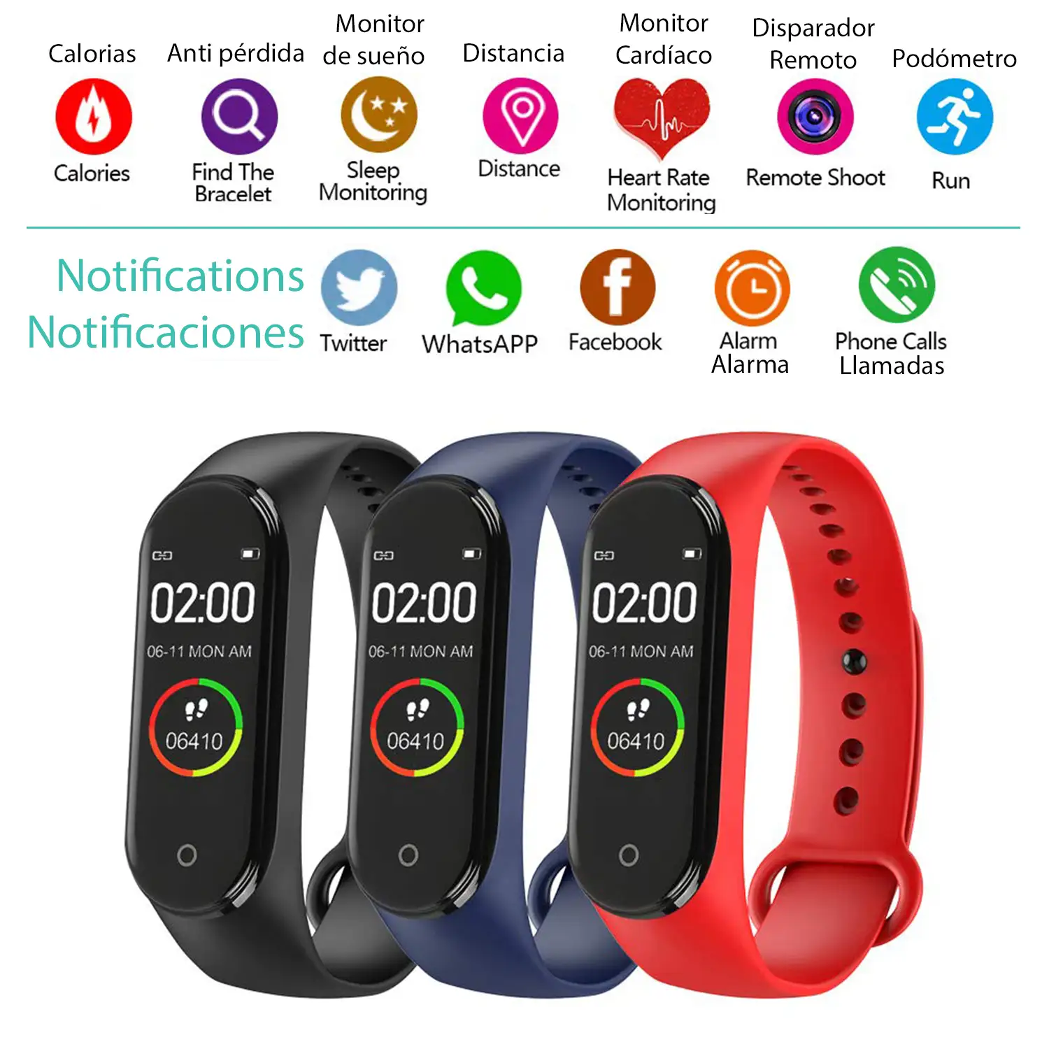 Brazalete inteligente Bluetooth AK-M4 con monitor cardiaco, monitor de presion arterial y modo multideporte