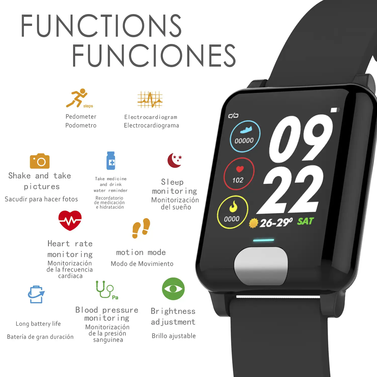 Brazalete inteligente Bluetooth 4.0 AK-E04 con electrocardiograma, Fotopletismografía y modo multideporte