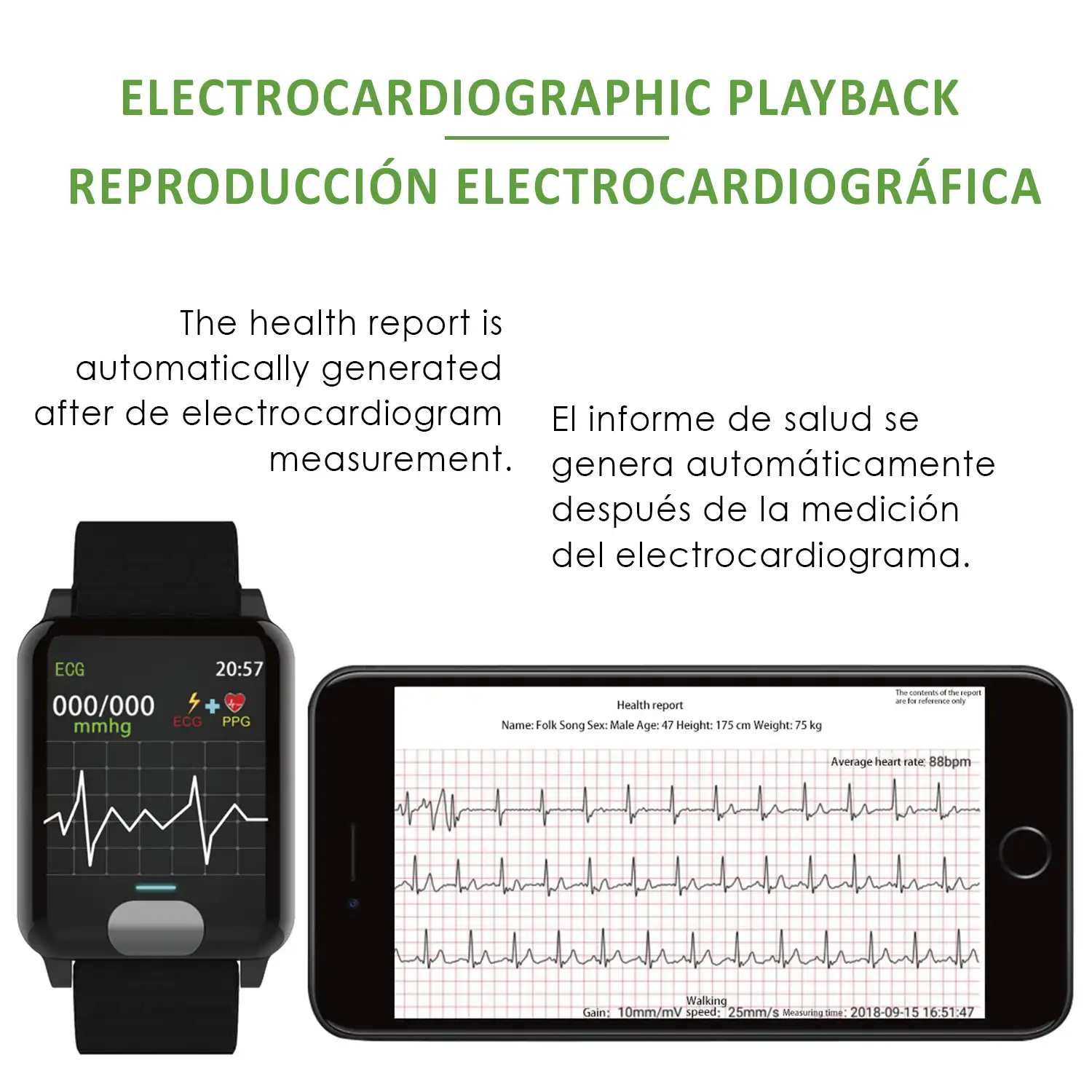 Brazalete inteligente Bluetooth 4.0 AK-E04 con electrocardiograma, Fotopletismografía y modo multideporte