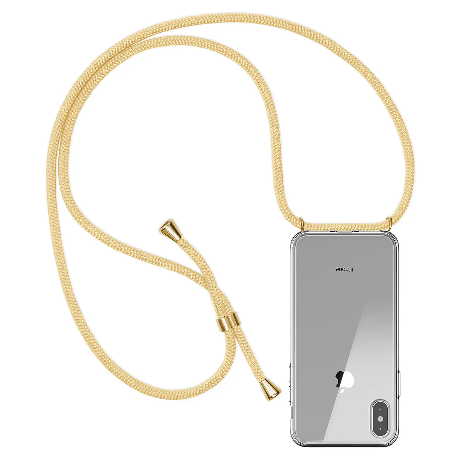 Carcasa transparente iPhone X con colgante de nylon. Accesorio de moda, ajuste perfecto y máxima protección