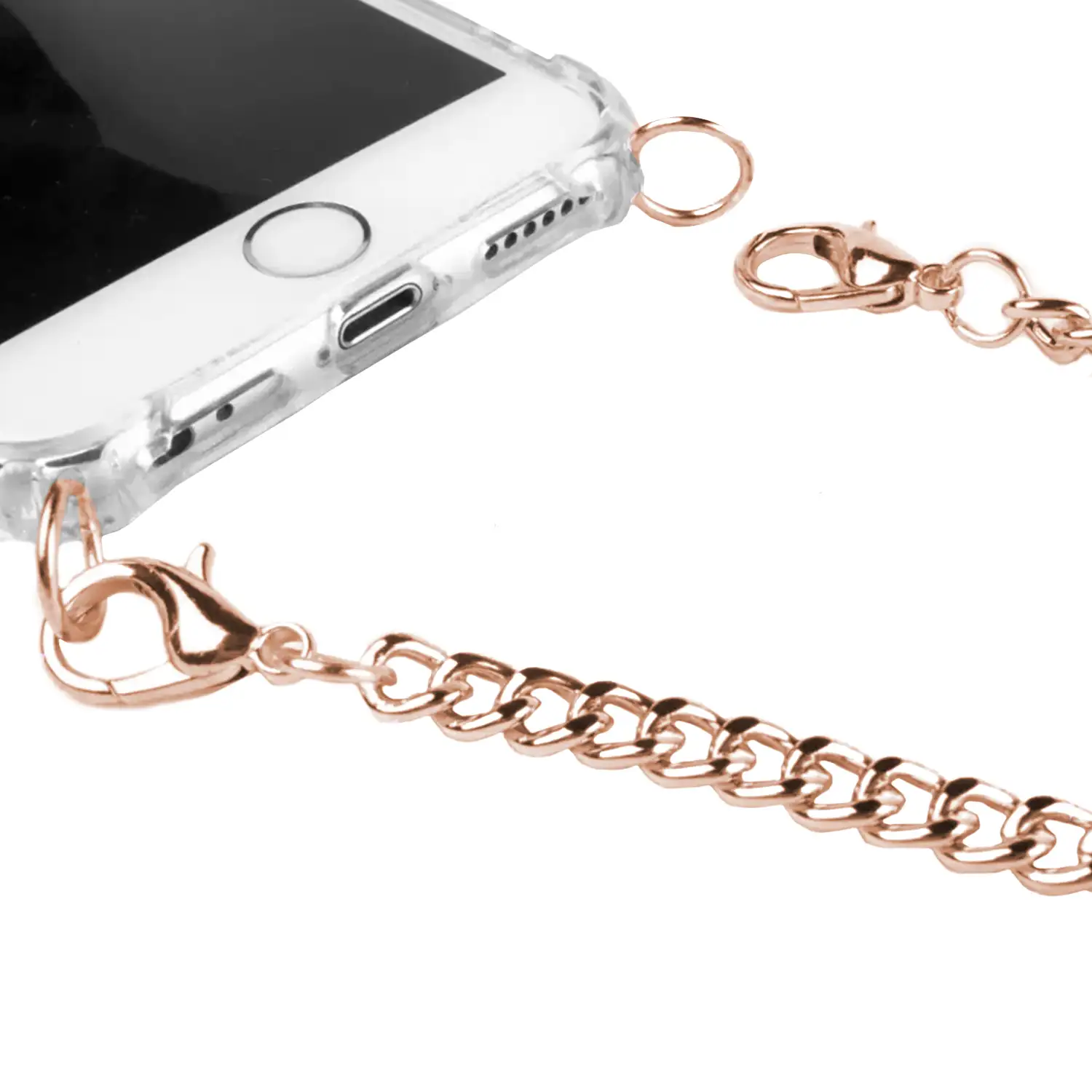 Carcasa transparente iPhone X con colgante cadena metálica. Accesorio de moda, ajuste perfecto y máxima protección