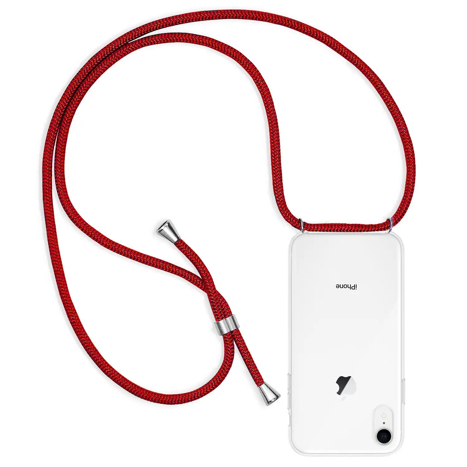 Carcasa transparente iPhone XR con colgante de nylon. Accesorio de moda, ajuste perfecto y máxima protección