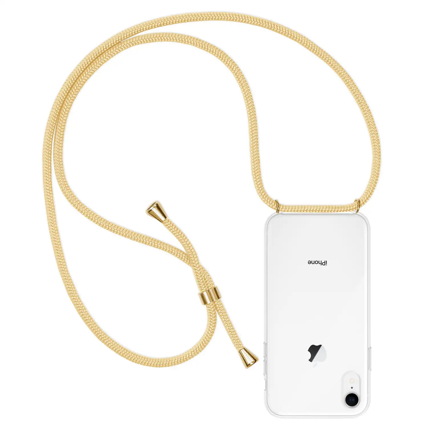 Carcasa transparente iPhone XR con colgante de nylon. Accesorio de moda, ajuste perfecto y máxima protección