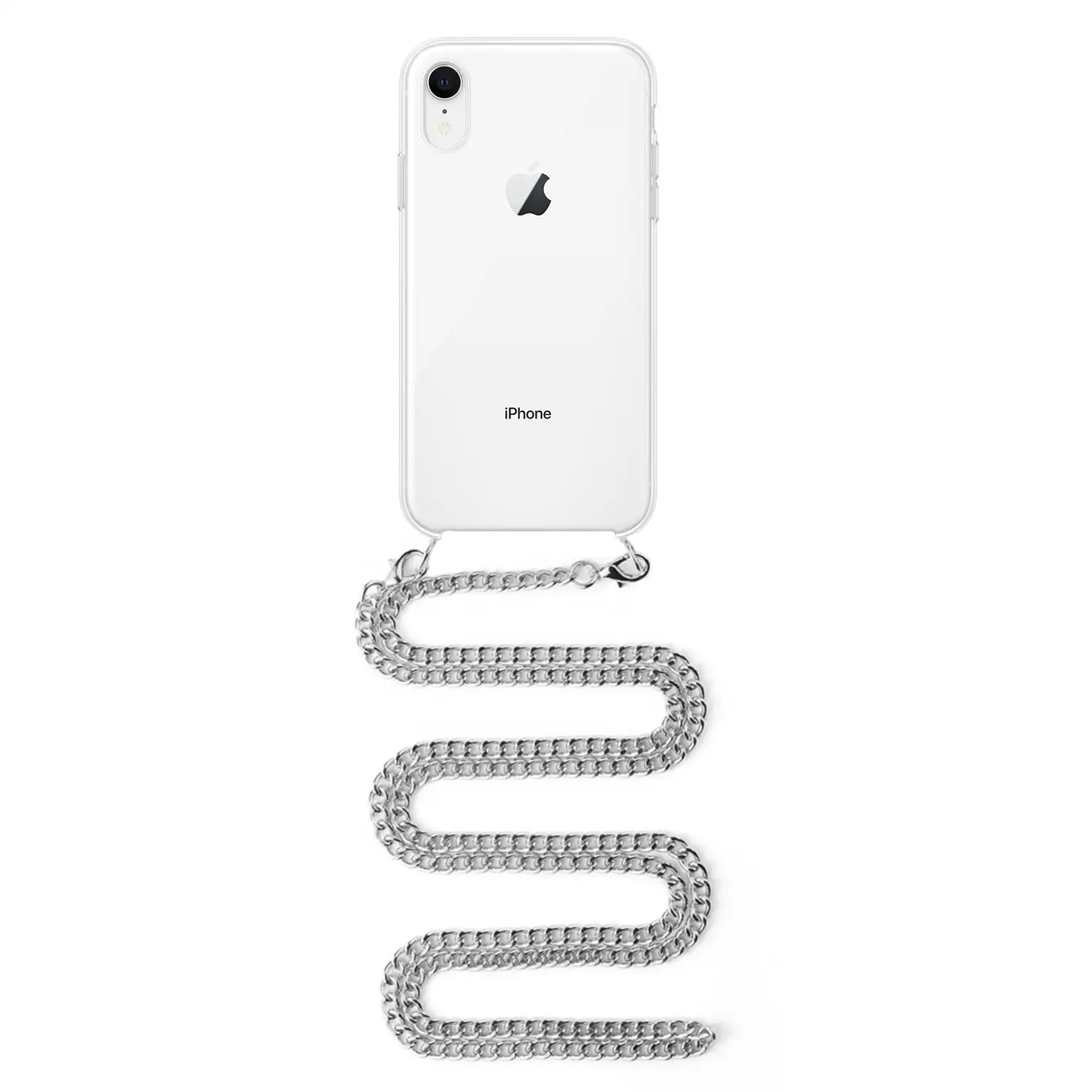 Carcasa transparente iPhone XR con colgante cadena metálica. Accesorio de moda, ajuste perfecto y máxima protección