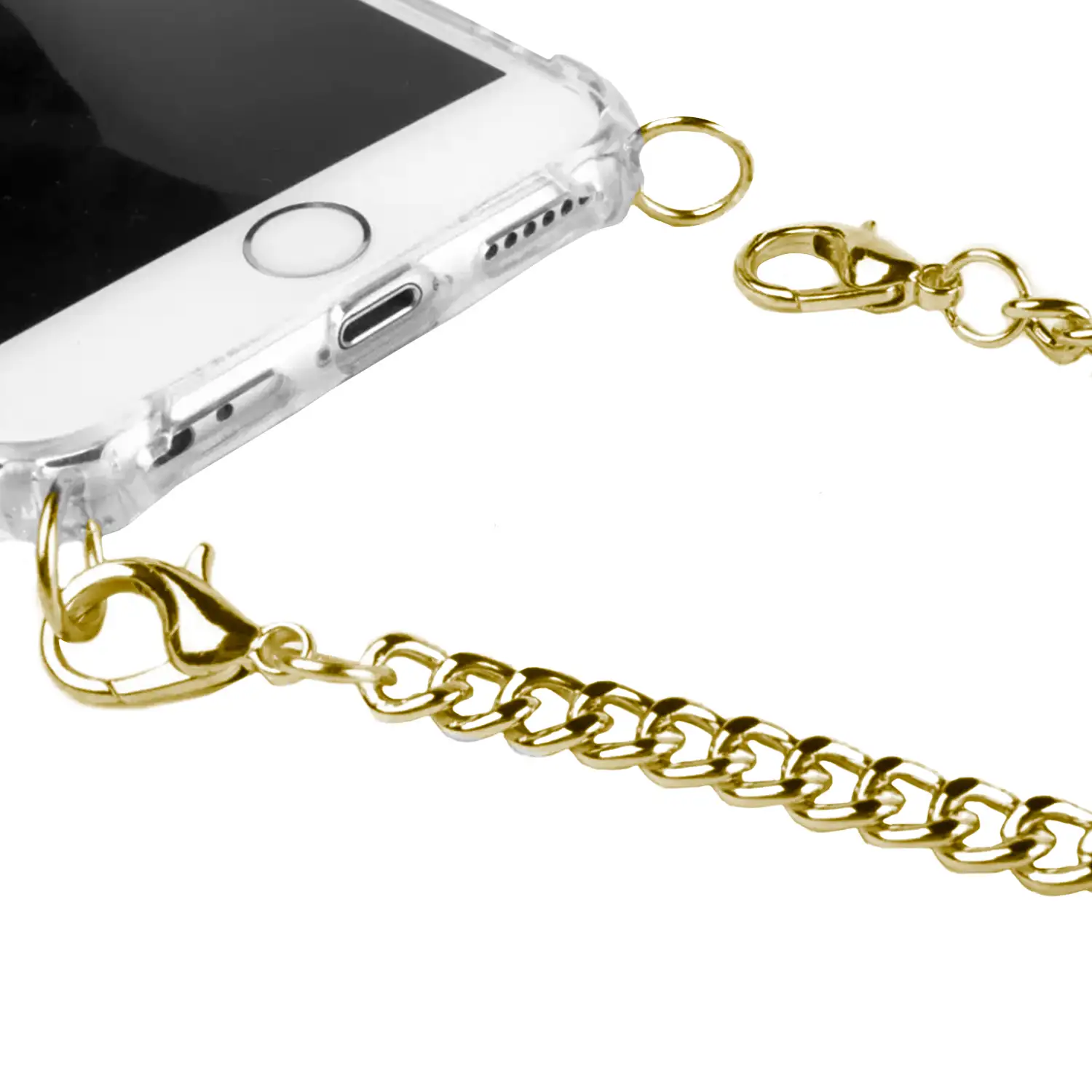 Carcasa transparente iPhone XR con colgante cadena metálica. Accesorio de moda, ajuste perfecto y máxima protección