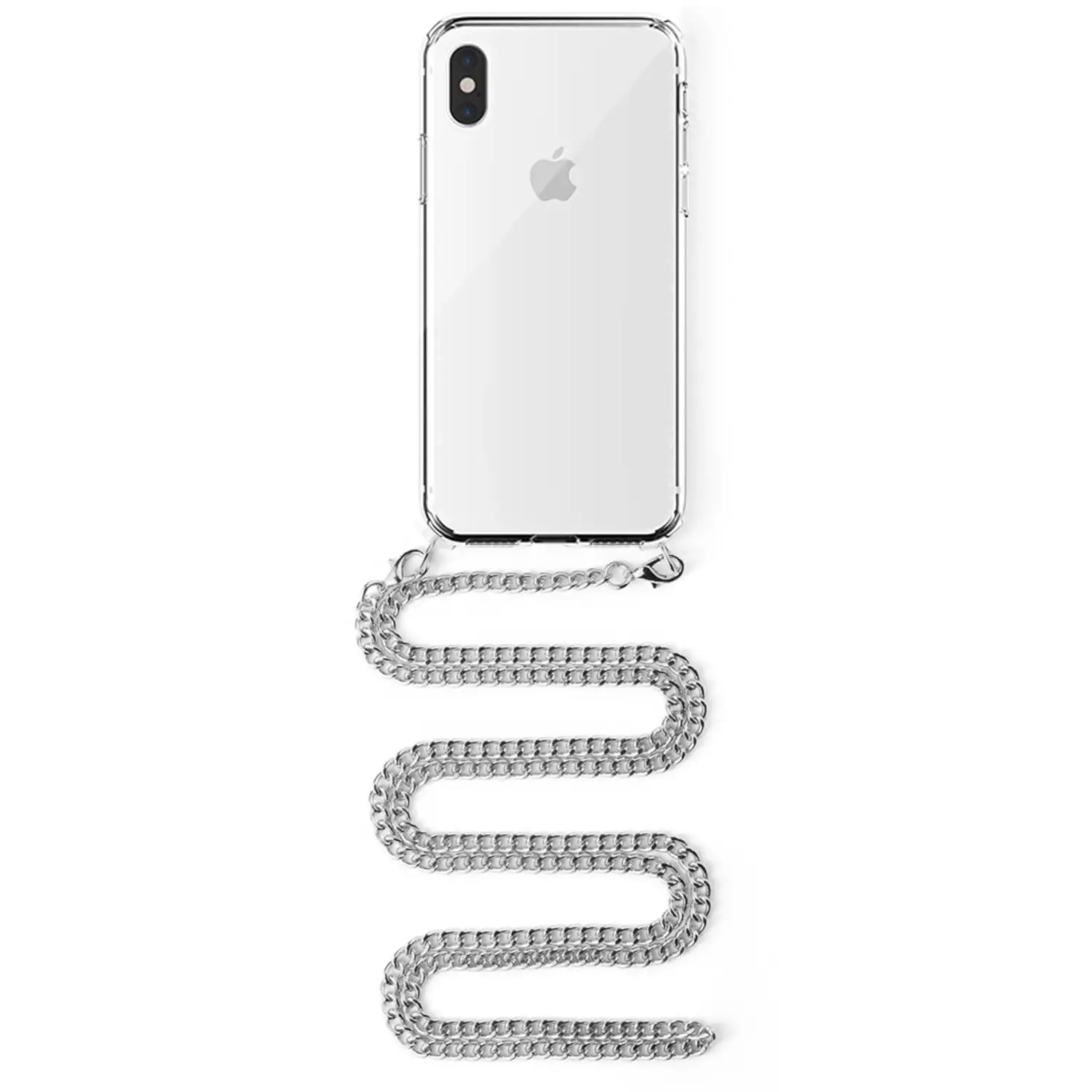 Carcasa transparente iPhone XS Max con colgante cadena metálica. Accesorio de moda, ajuste perfecto y máxima protección
