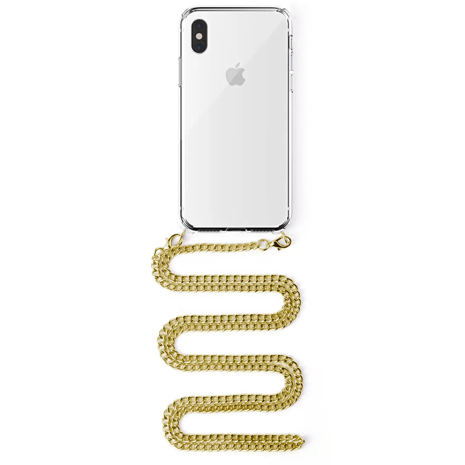 Carcasa transparente iPhone XS Max con colgante cadena metálica. Accesorio de moda, perfecto y máxima