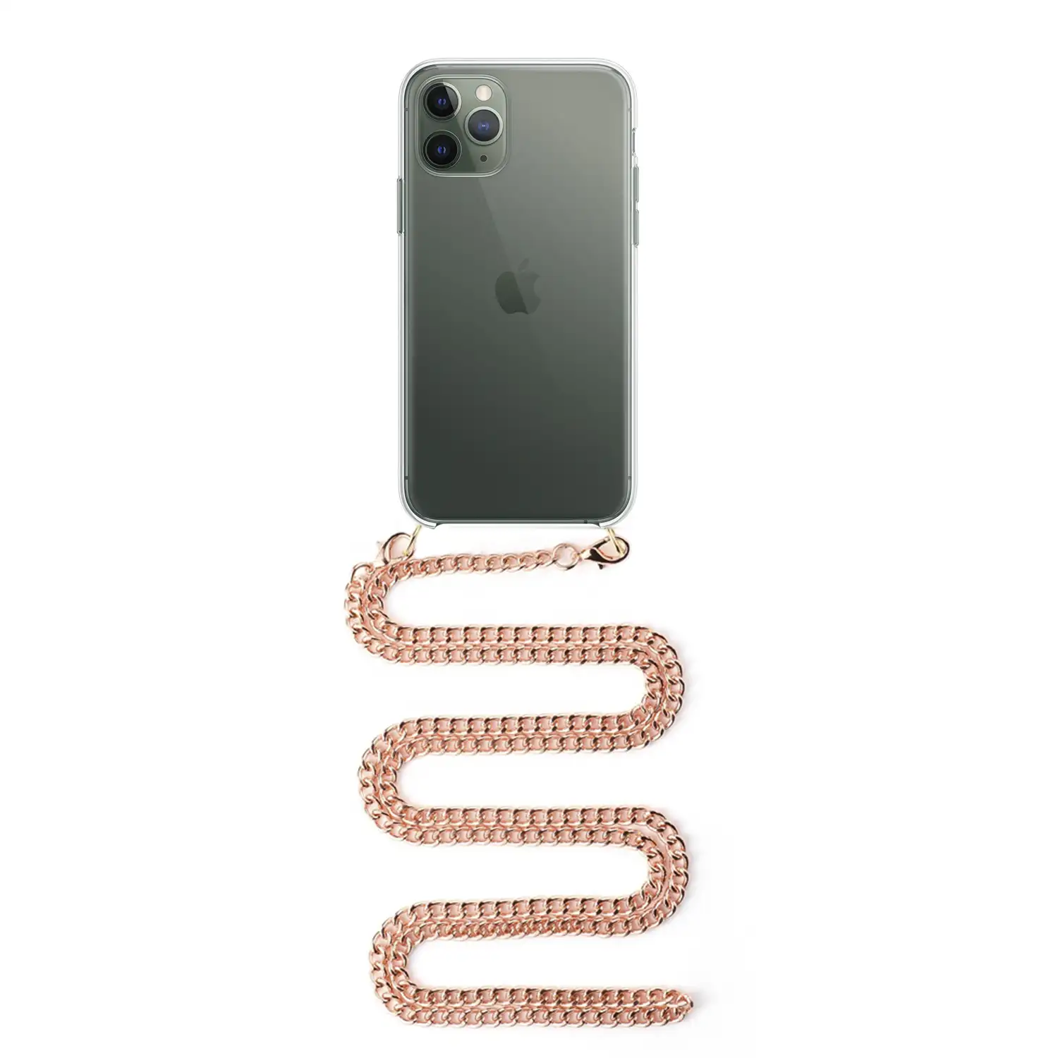 Carcasa transparente iPhone 11 Pro con colgante cadena metálica. Accesorio de moda, ajuste perfecto y máxima protección