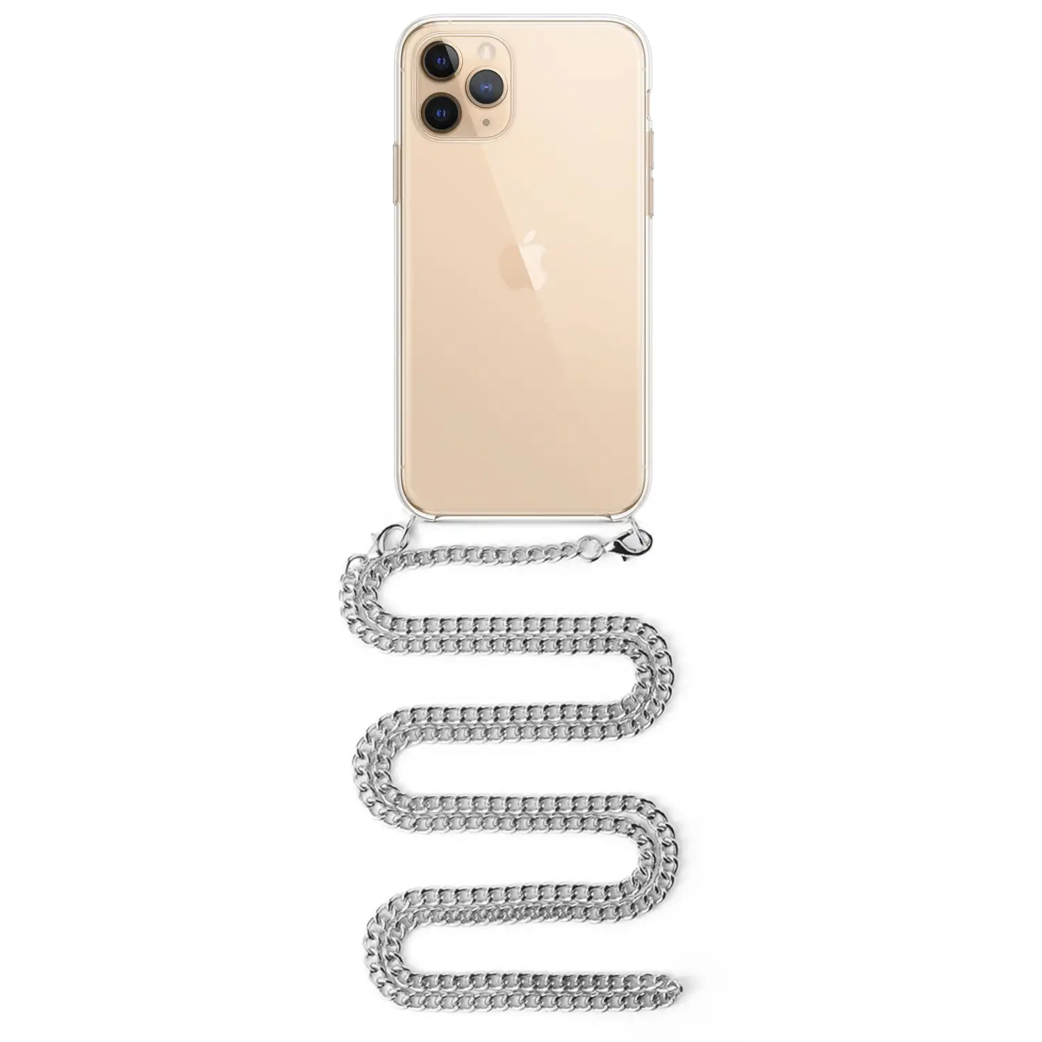 Carcasa transparente iPhone 11 Pro Max con colgante cadena metálica. Accesorio de moda, ajuste perfecto y máxima protección