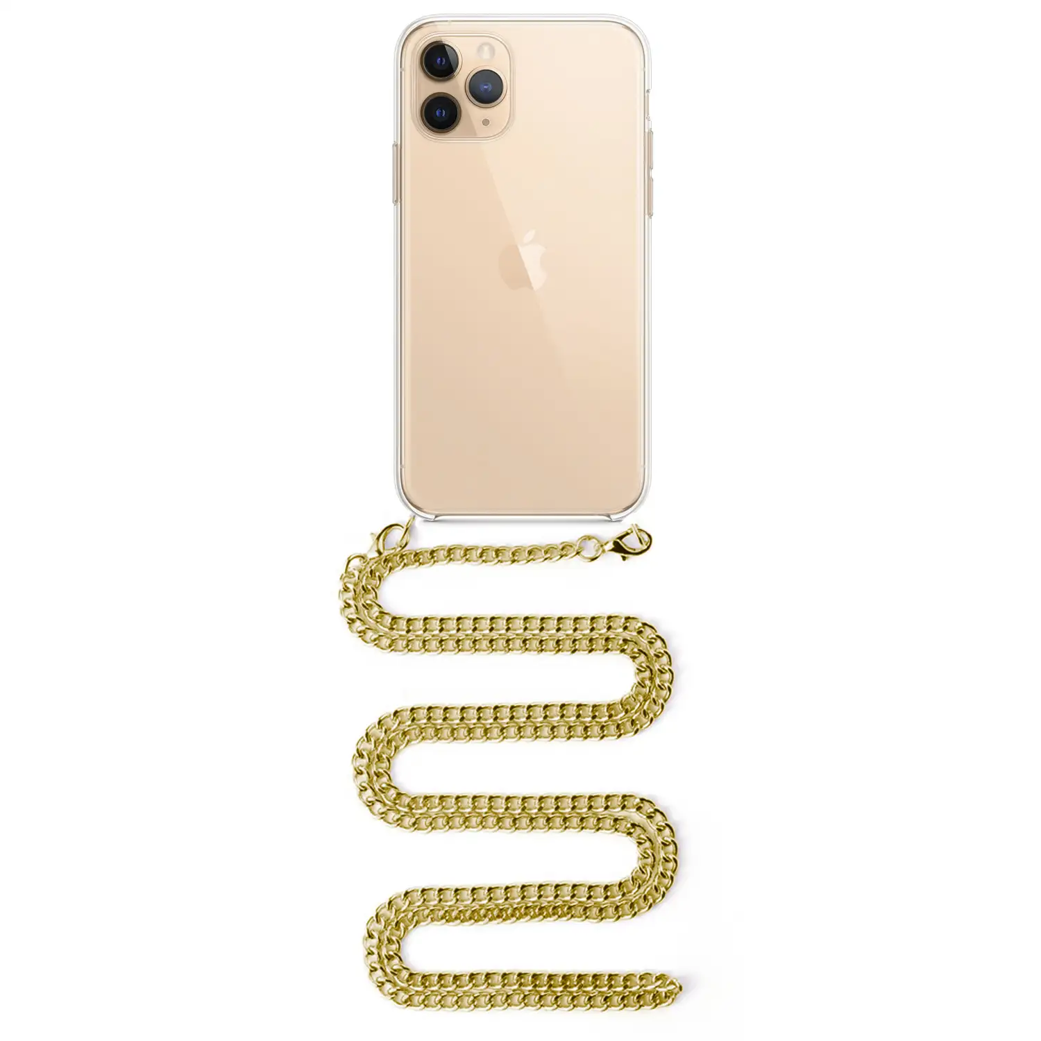 Carcasa transparente iPhone 11 Pro Max con colgante cadena metálica. Accesorio de moda, ajuste perfecto y máxima protección