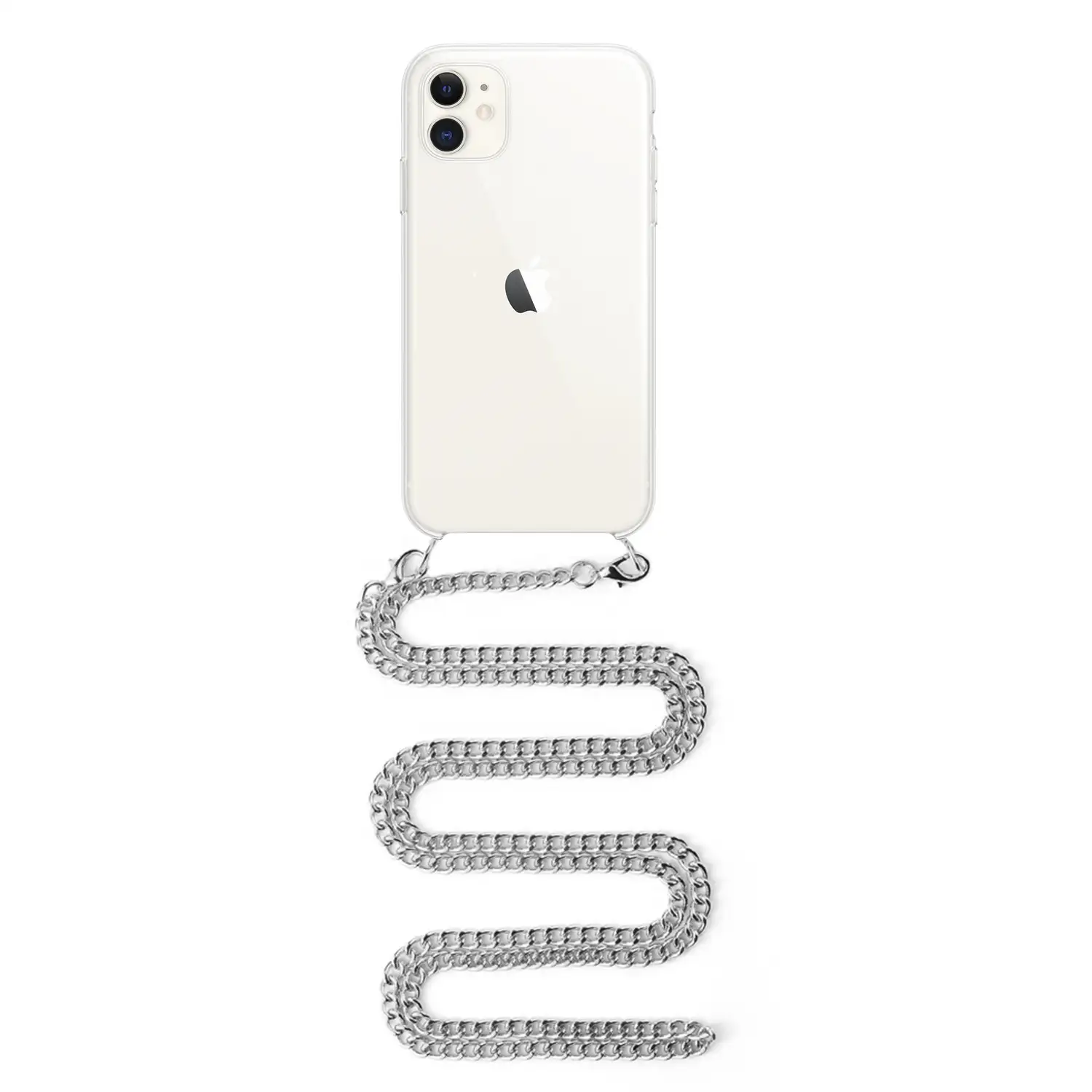 Carcasa transparente iPhone 11 con colgante cadena metálica. Accesorio de moda, ajuste perfecto y máxima protección