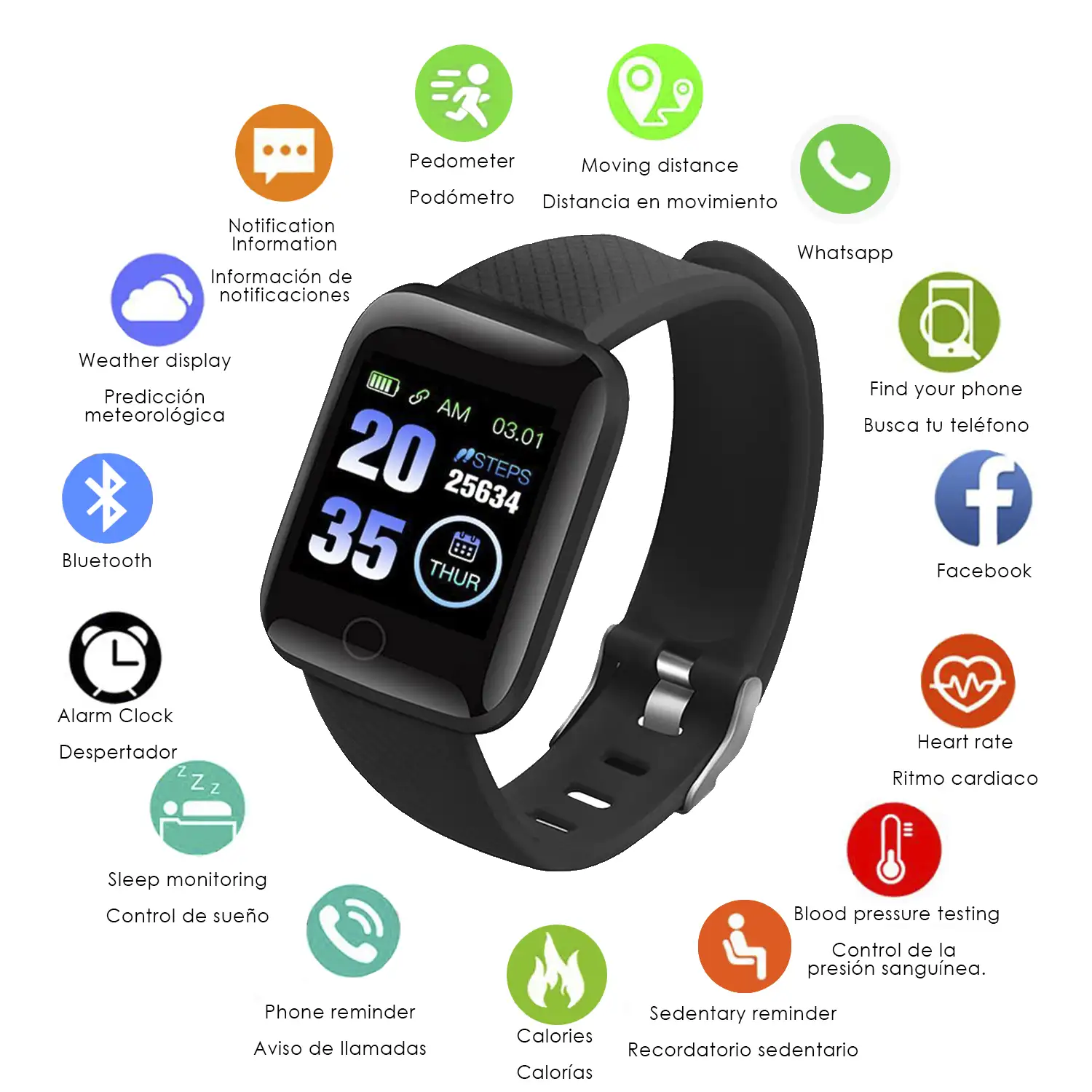 Brazalete inteligente ID116 Bluetooth 4.0 pantalla color, monitor cardiaco, pulso y modo multideporte