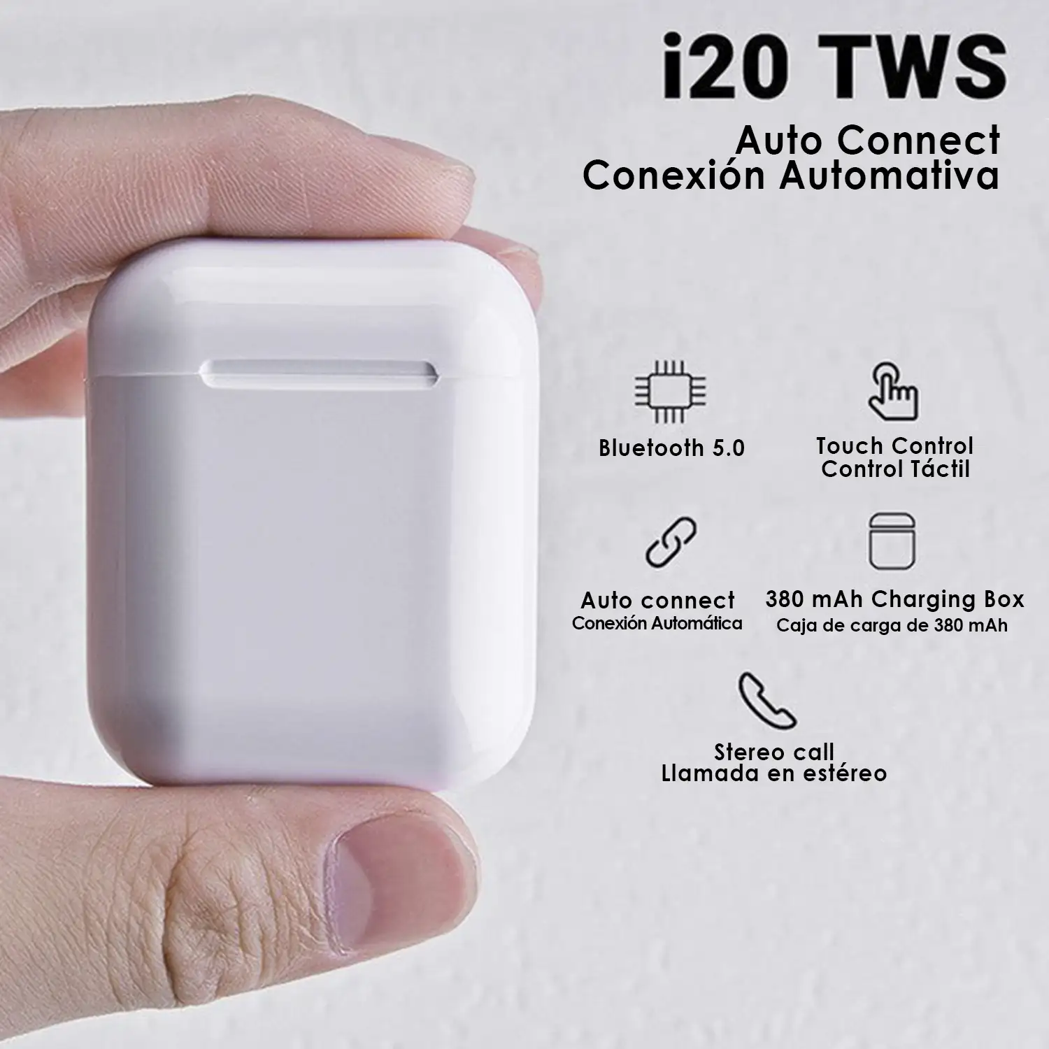 Auriculares TWS i99 Bluetooth 5.0, táctiles. Base de carga de 500mAh  compatible con carga inalámbrica Qi y display.