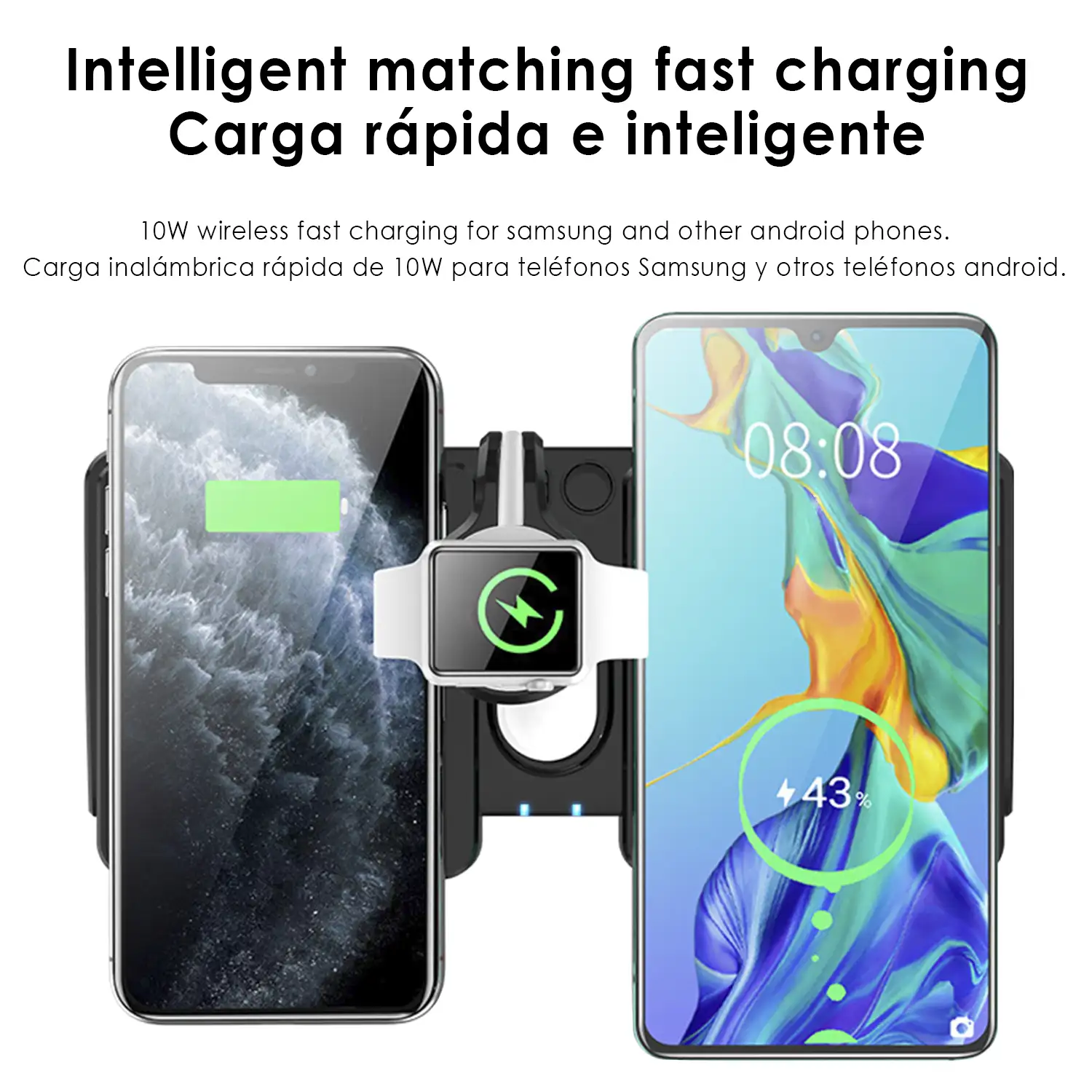 Estación de carga inalámbrica Qi compatible con carga rápida Fast Charge para iWatch, AirPods y 2 iPhone/Samsung/ Smartphones