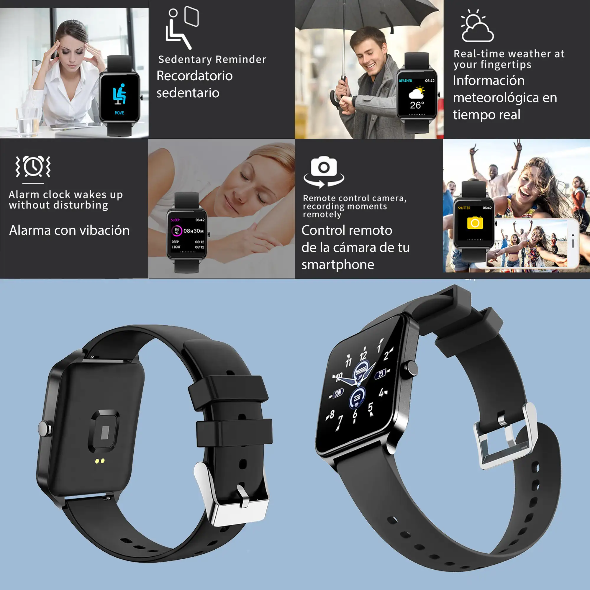 Smartwatch B20 con 8 modos deportivos, oxígeno en sangre, pulso, notificaciones iOS y Android