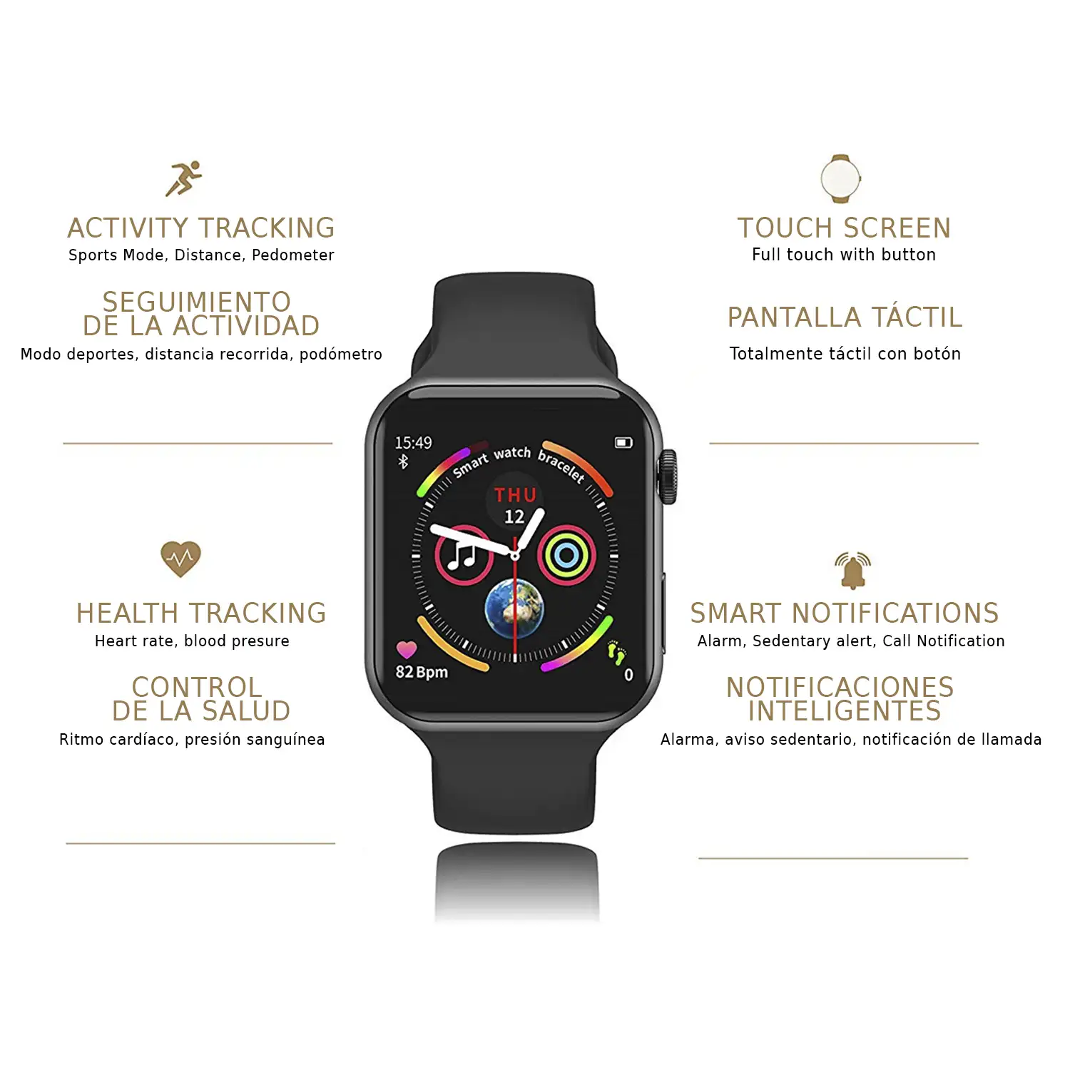 Smartwatch F10 con 8 modos deportivos, oxígeno en sangre, pulso, notificaciones iOS y Android