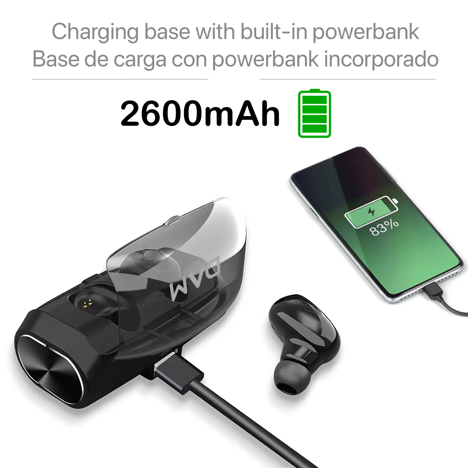 Auriculares DAM V6 TWS Bluetooth 5.0 con base de carga Powerbank y sincronización automática