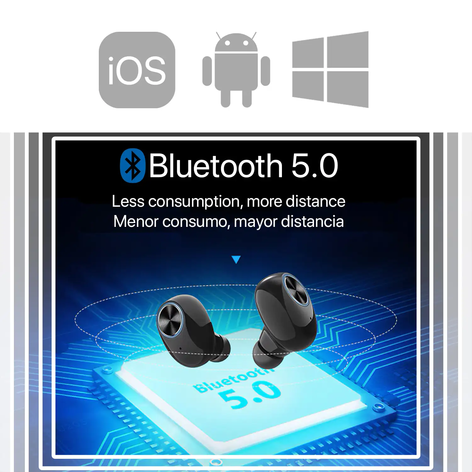 Auriculares DAM V6 TWS Bluetooth 5.0 con base de carga Powerbank y sincronización automática