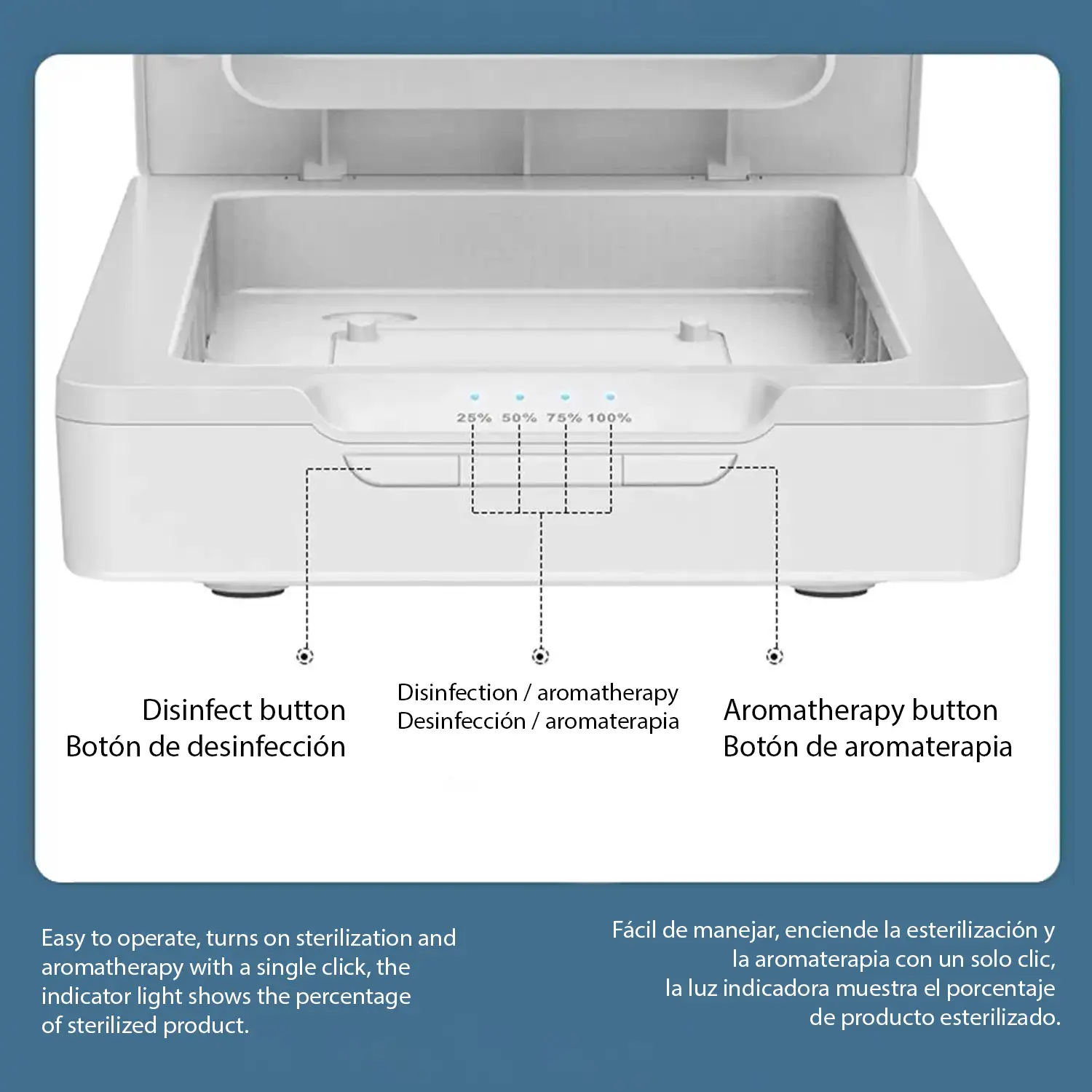 Caja esterilizadora portatil con luz ultravioleta y aromaterapia. 