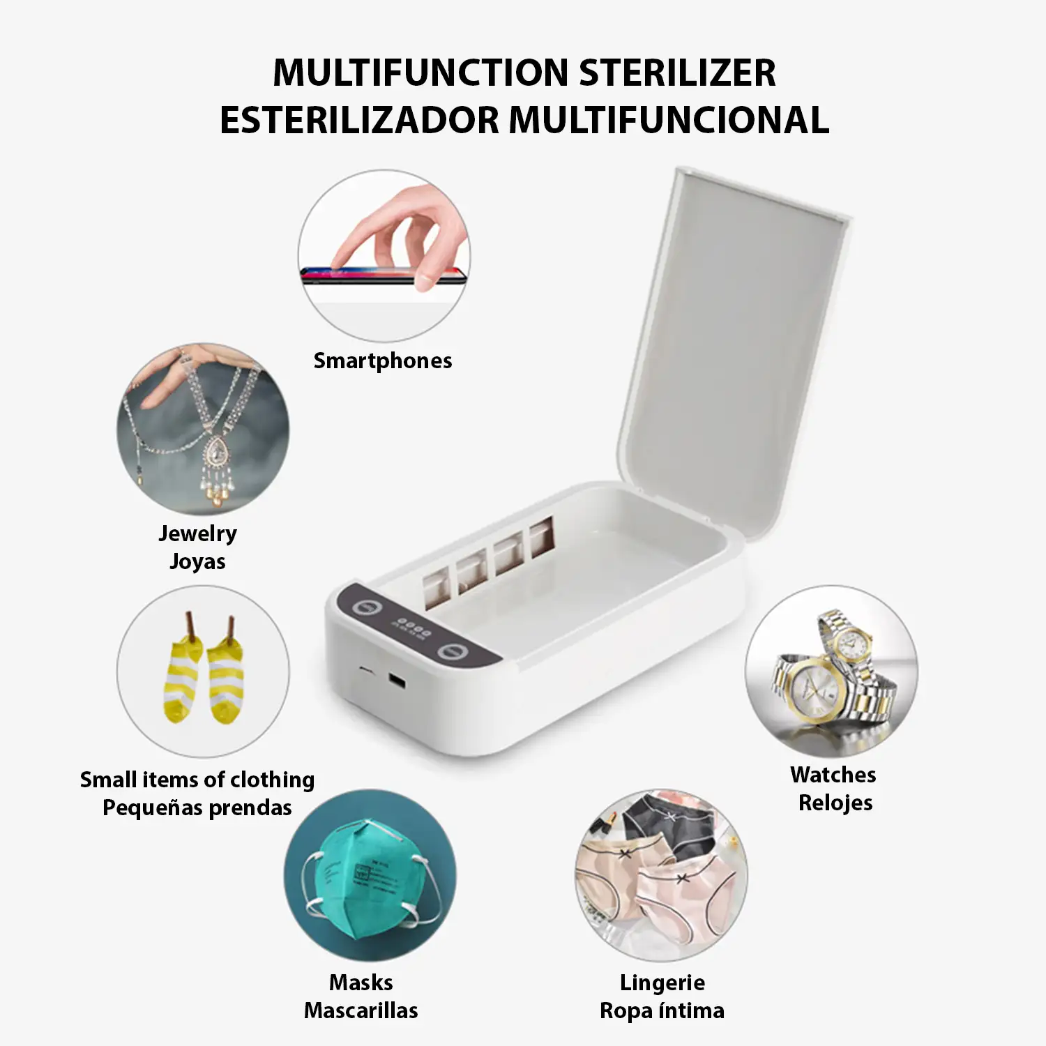 Caja esterilizadora portatil con luz ultravioleta y aromaterapia. 