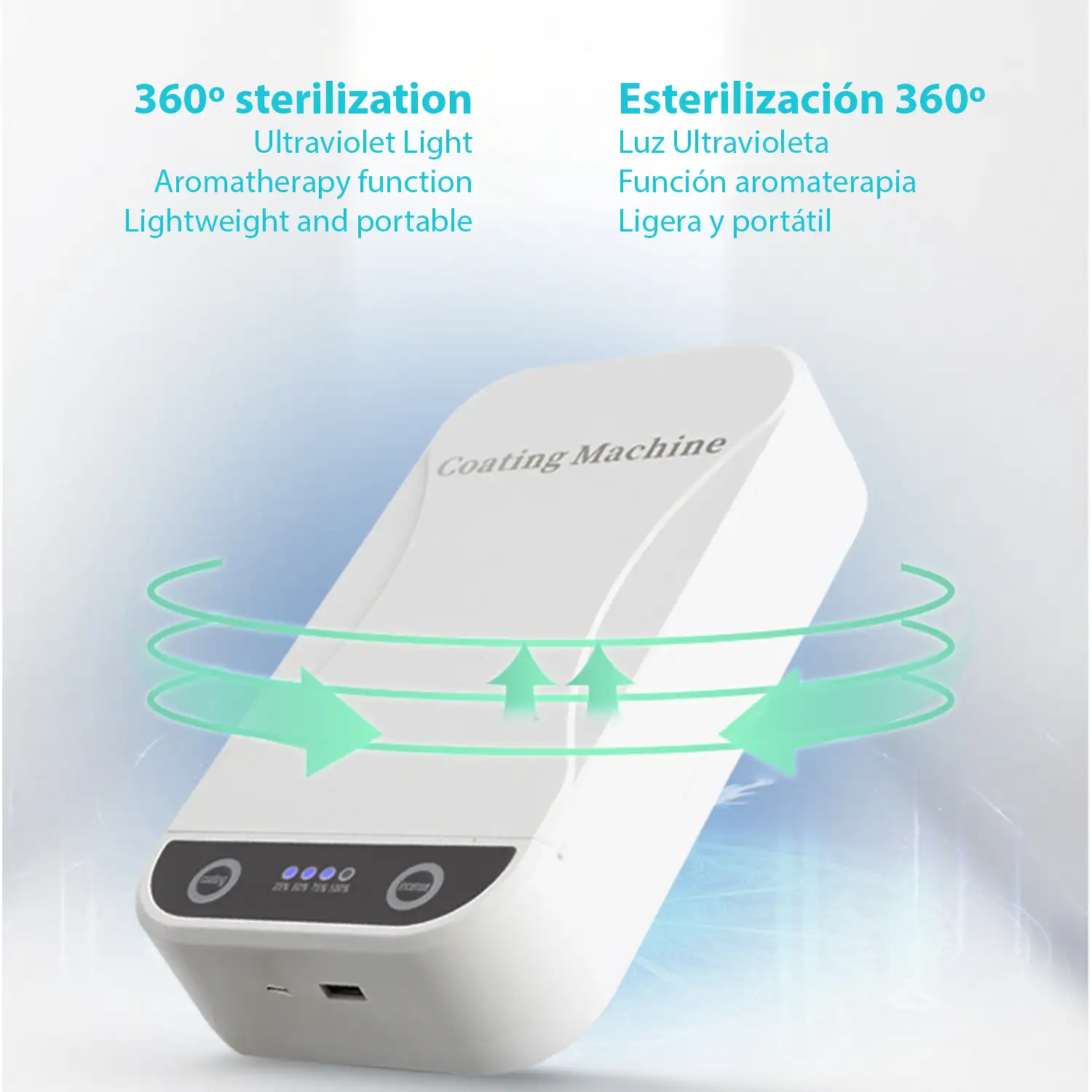 Caja esterilizadora portatil con luz ultravioleta y aromaterapia. 