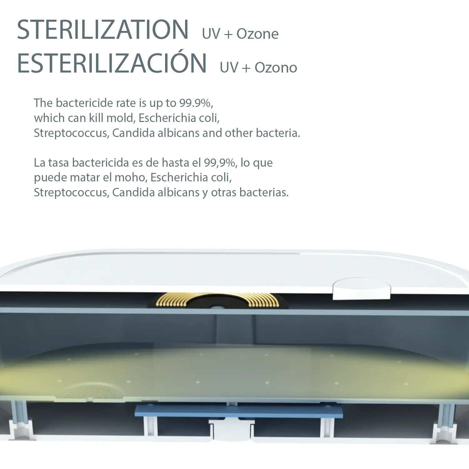Caja de esterilización con ozono, luz UV y aromaterapia con cargador inalámbrico