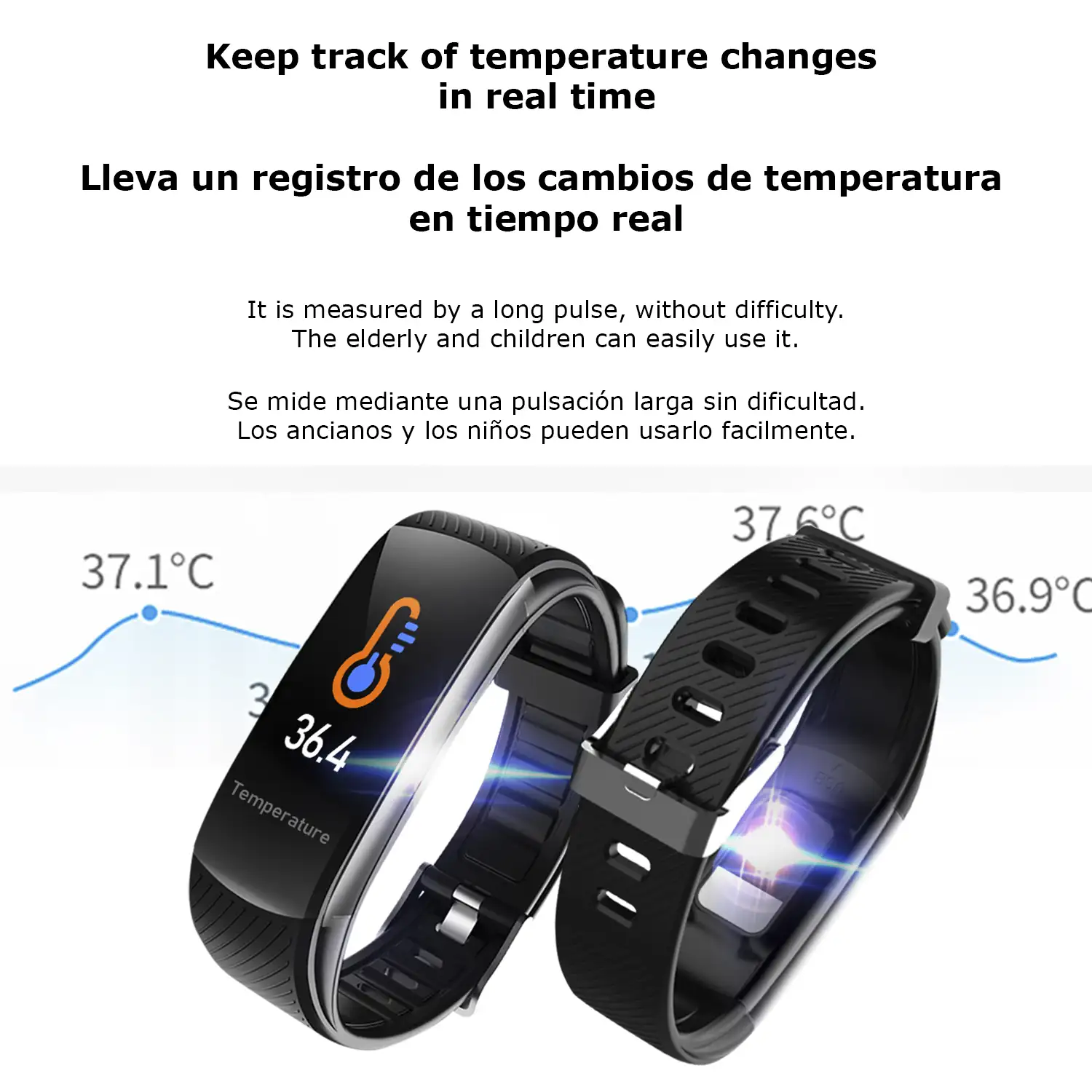 Brazalete inteligente T118 con medición de temperatura corporal, O2 en sangre y tensión.