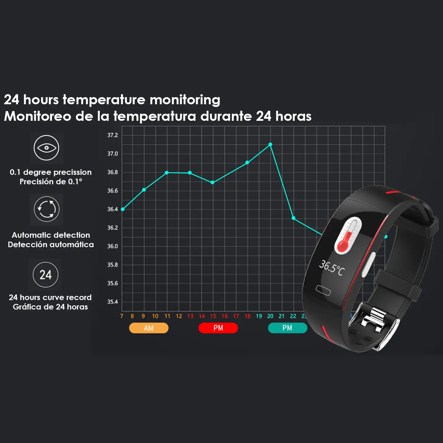 Brazalete inteligente P3A con medición de temperatura corporal, electrocardiograma y tensión arterial