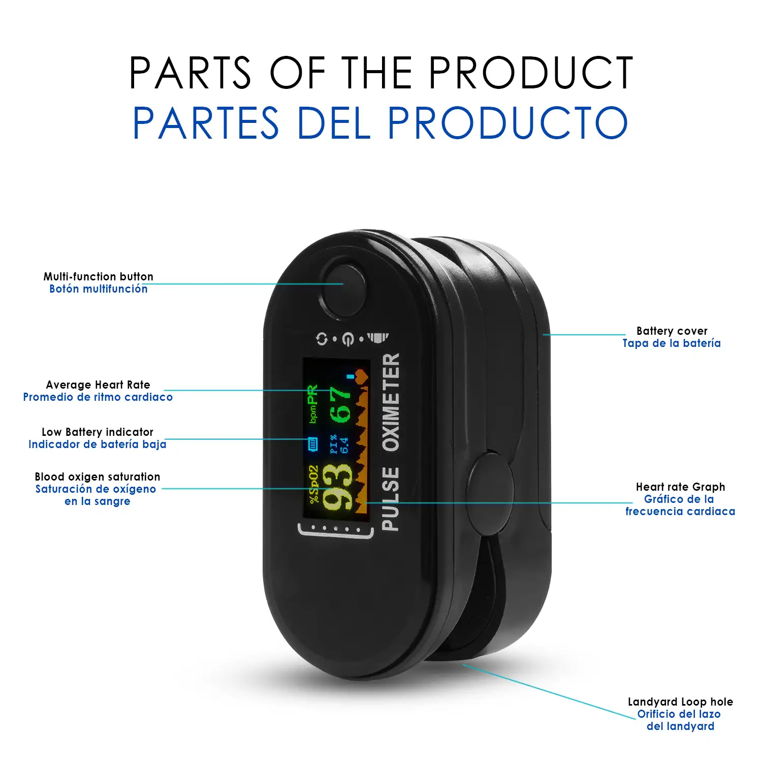 Pulsómetro digital con monitor cardiaco inalámbrico y oxímetro.