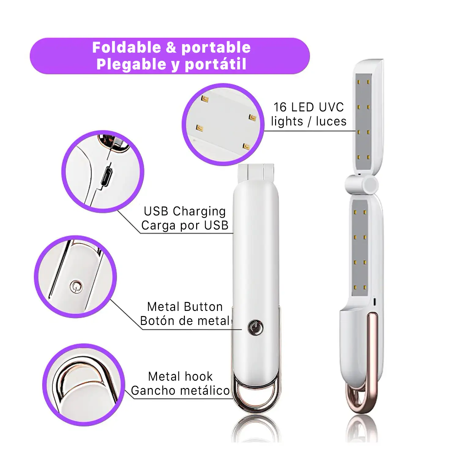 Lámpara UVC plegable con 16 LEDS UV.