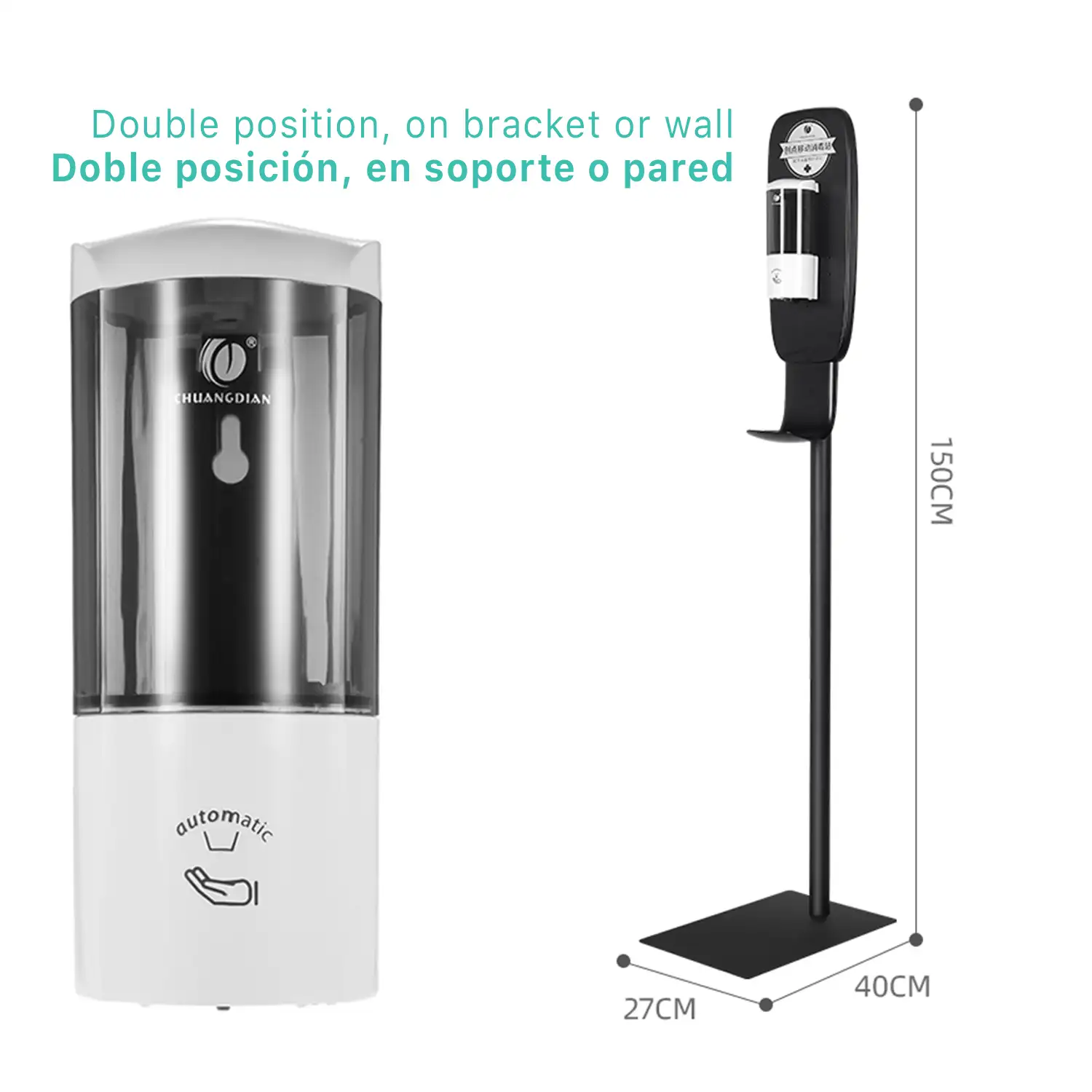Dispensador automático por infrarojos de gel hidroalcohólico de 500 ml con soporte de pie y de pared.
