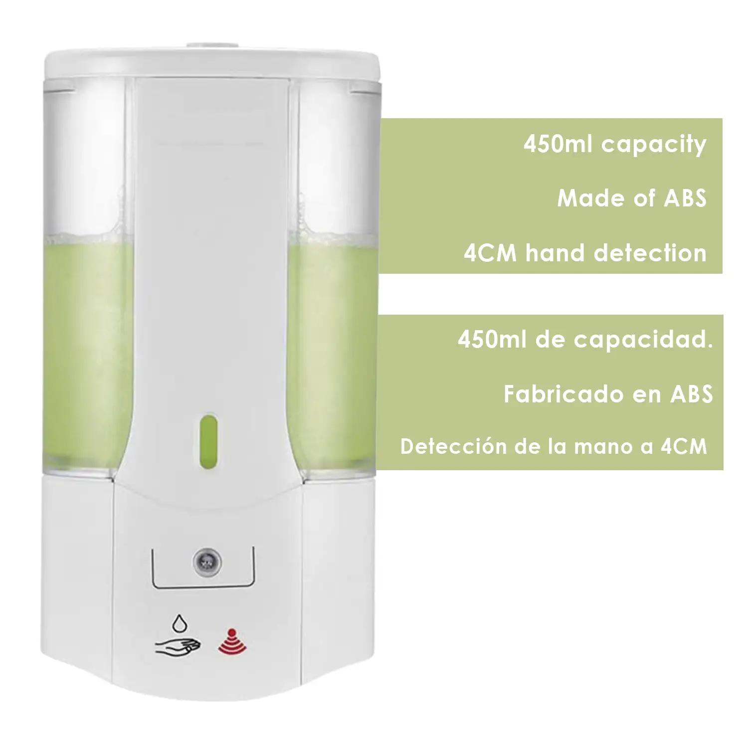 Dispensador automático infrarojos gel hidroalcohólico 450 ml pared