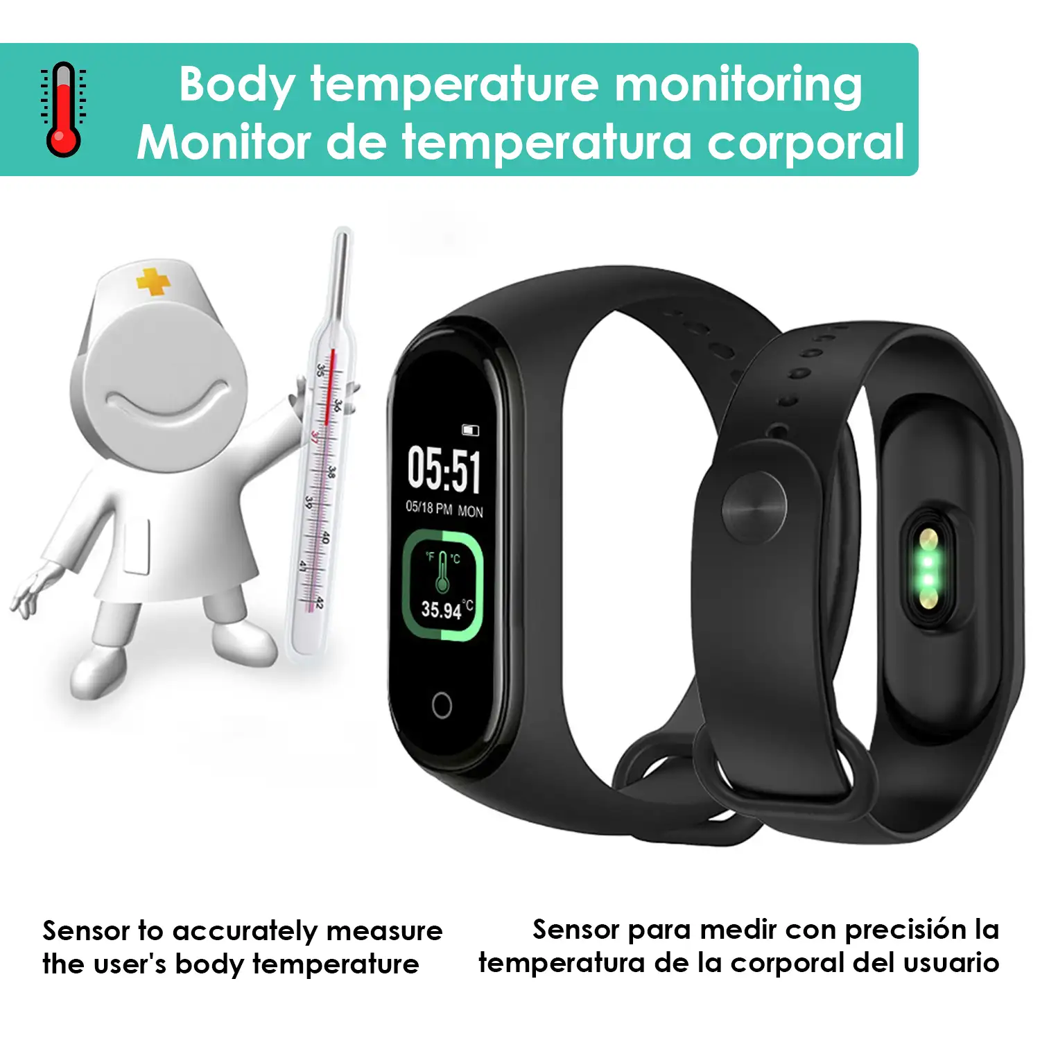 Brazalete inteligente Bluetooth AK-M4 PRO con medición de temperatura corporal, monitor cardiaco, monitor de presion arterial y modo multideporte.