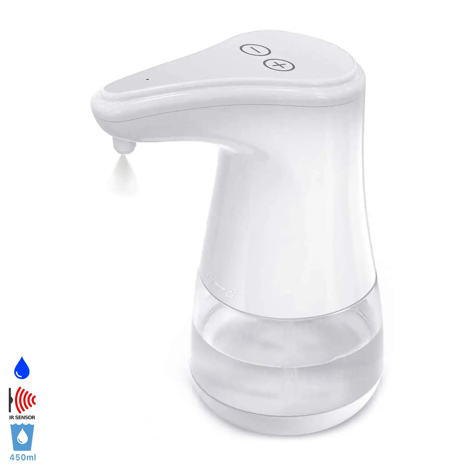 Dispensador automático por infrarojos con dosis regulable para gel hidroalcólico o jabón por goteo de 360ml.