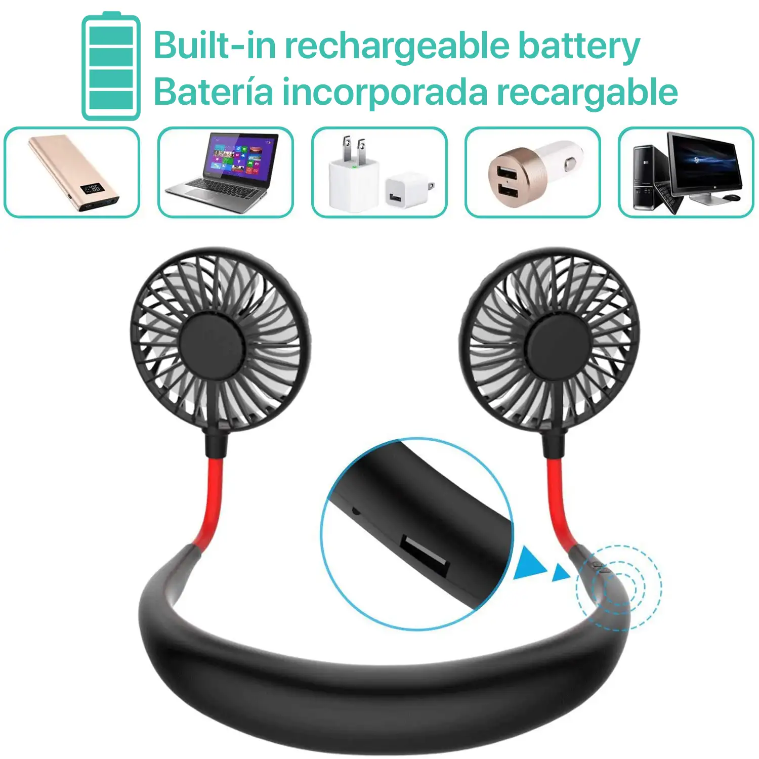 Mini ventilador dual diadema cuello con bateria recargable