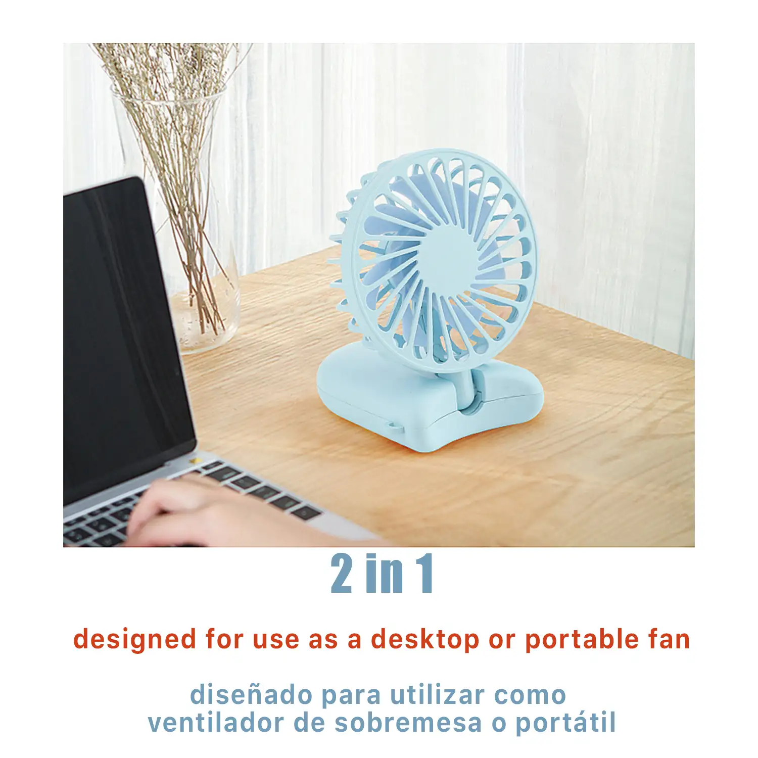 Mini ventilador de mano con bateria recargable con lanyard para llevar colgado.