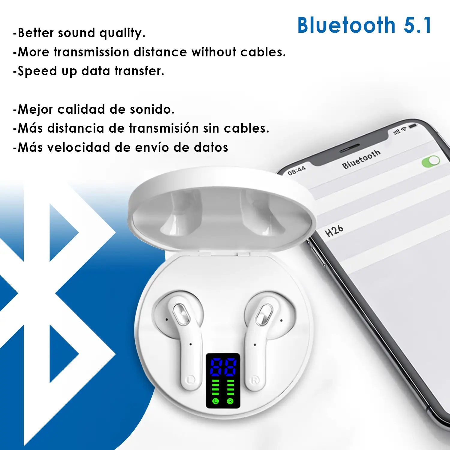 Auriculares TWS H26T Bluetooth 5.1 con display de carga. Caja de 300 mah+ auriculares con 30 mah.