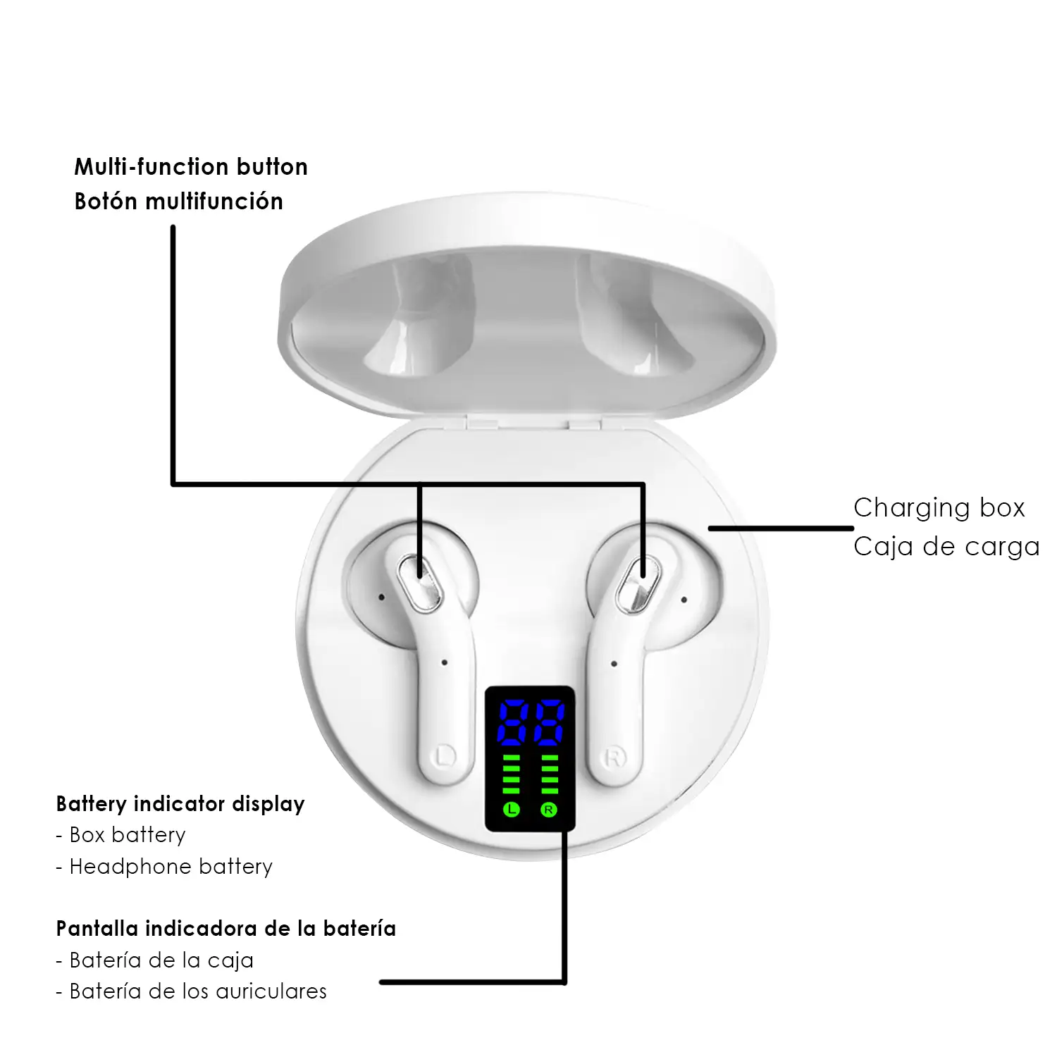 Auriculares TWS H26T Bluetooth 5.1 con display de carga. Caja de 300 mah+ auriculares con 30 mah.