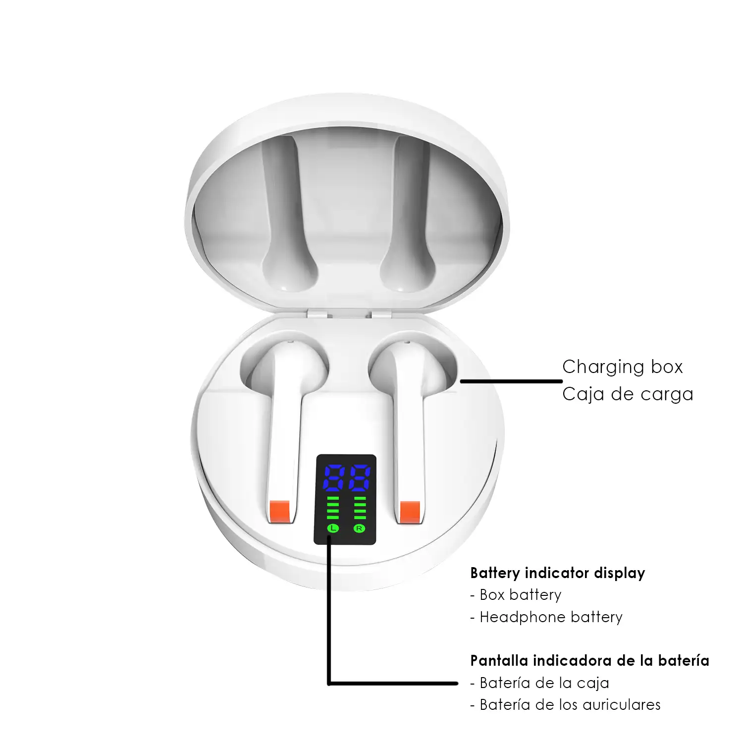 Auriculares TWS H25T Bluetooth 5.1 con display de carga. Caja de 300 mah+ auriculares con 30 mah.