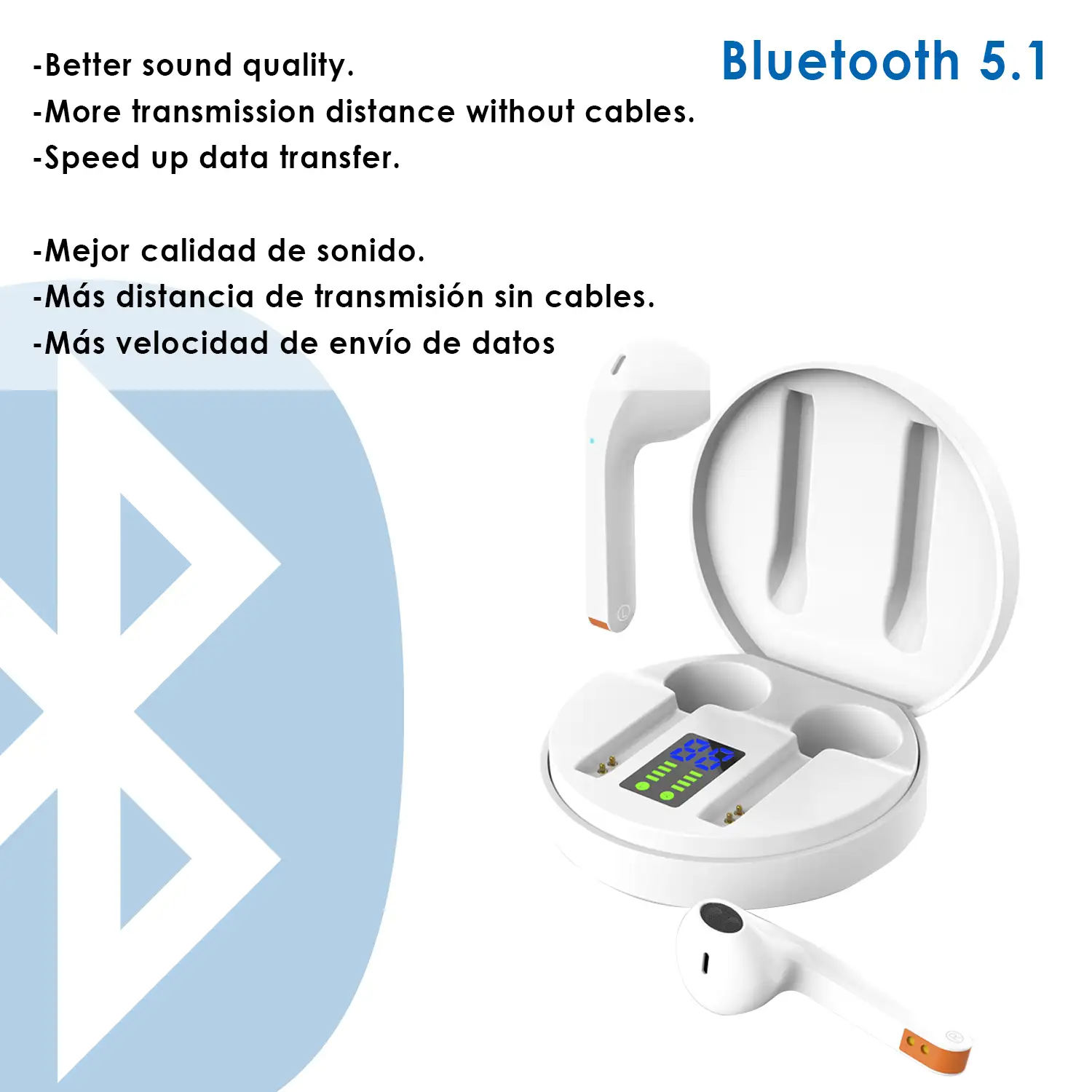 Auriculares TWS H25T Bluetooth 5.1 con display de carga. Caja de 300 mah+ auriculares con 30 mah.
