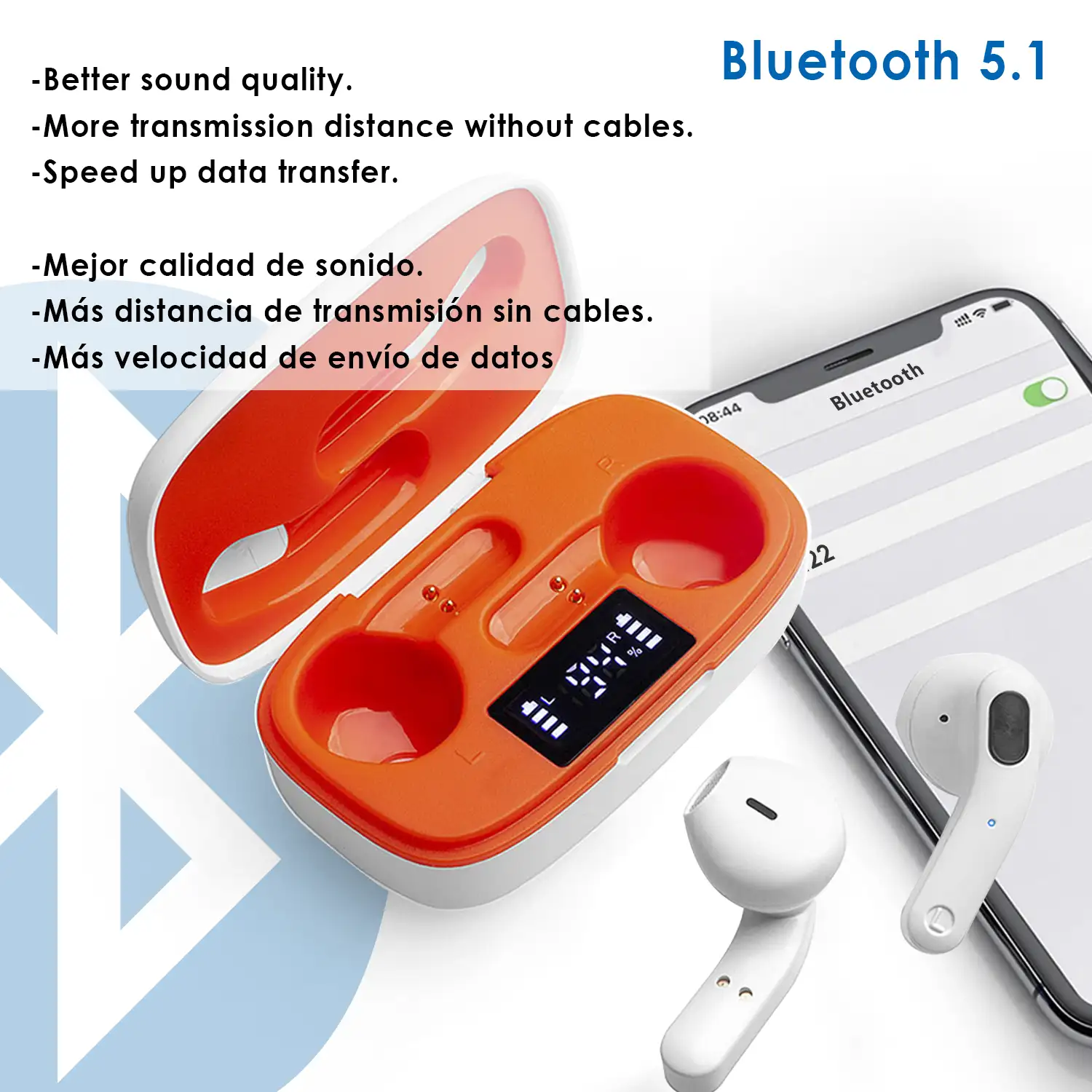 Auriculares TWS H22T Bluetooth 5.1 con display de carga. Caja de 300 mah+ auriculares con 30 mah.