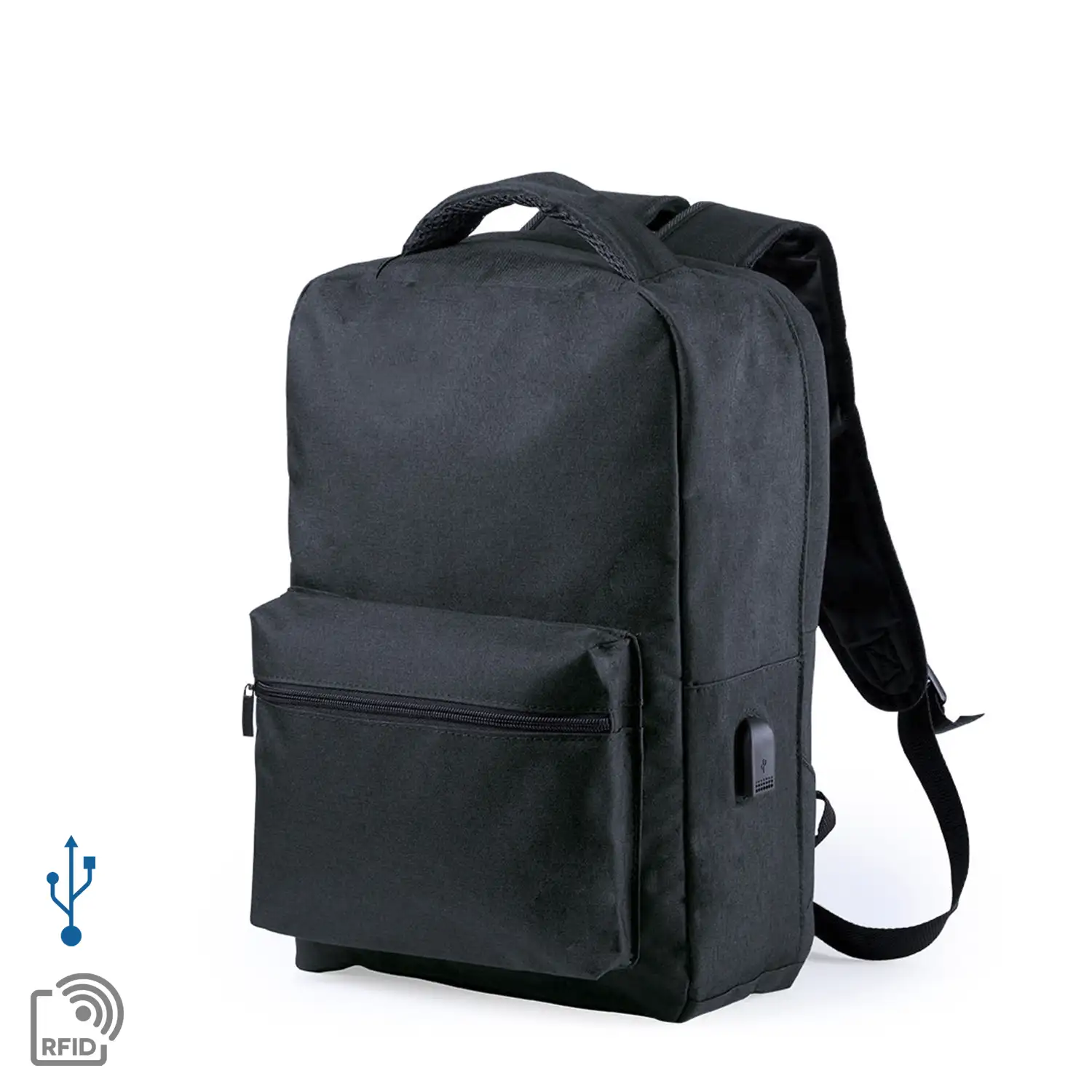 Mochila antirrobo Komplete de poliester 300D, con toma USB exterior. Bolsillo en lateral con protección RFID.