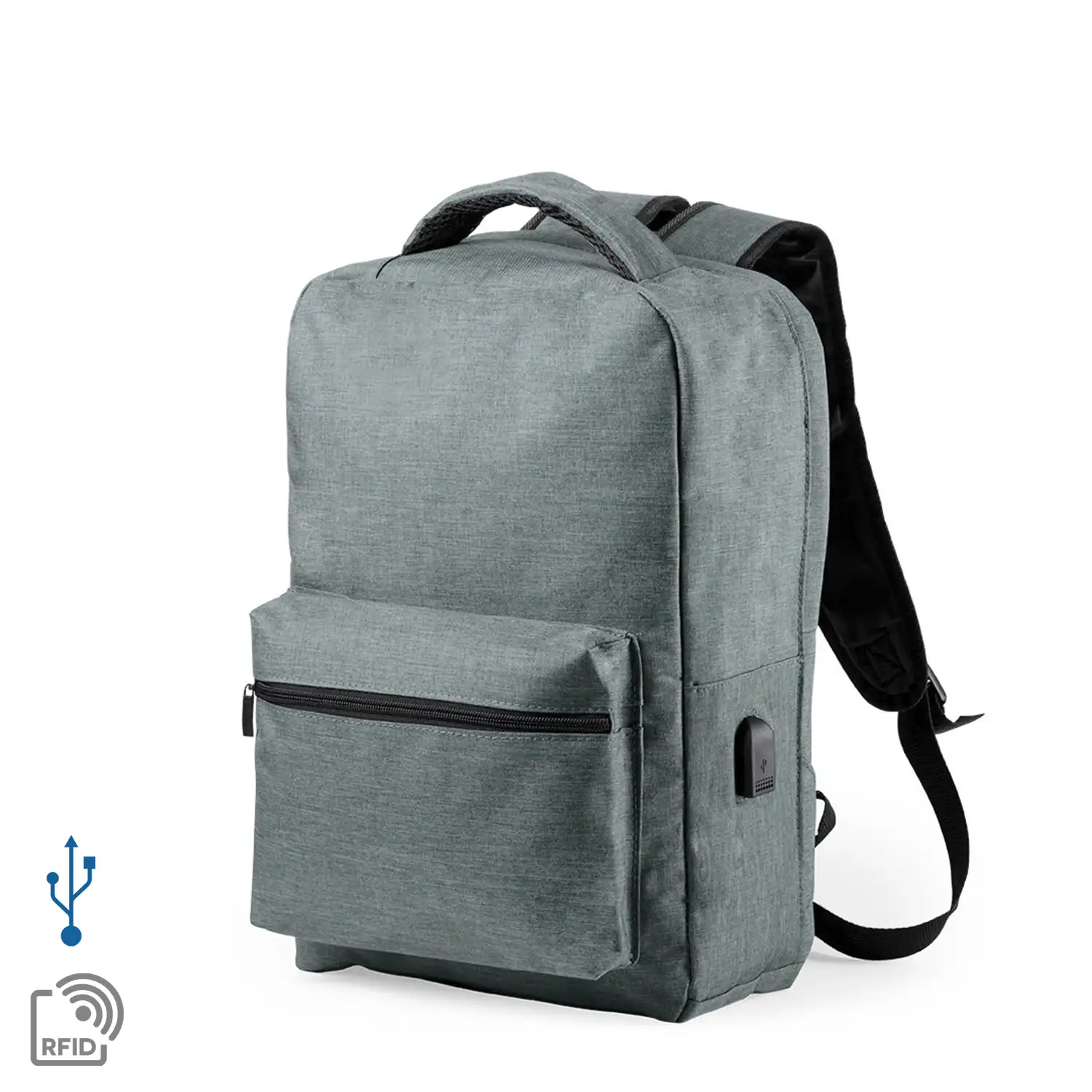 Mochila antirrobo Komplete de poliester 300D, con toma USB exterior. Bolsillo en lateral con protección RFID.