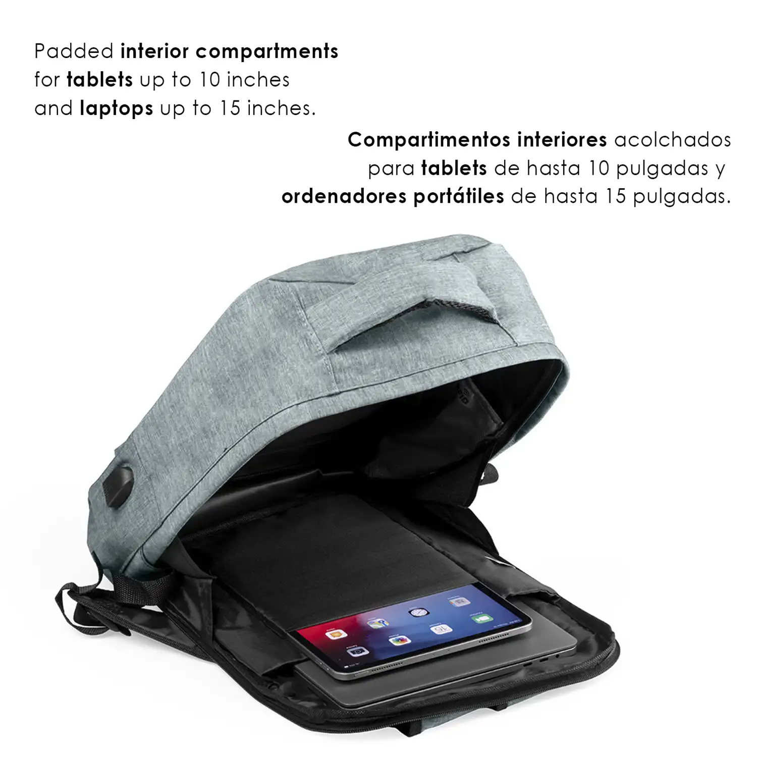 Mochila antirrobo Komplete de poliester 300D, con toma USB exterior. Bolsillo en lateral con protección RFID.